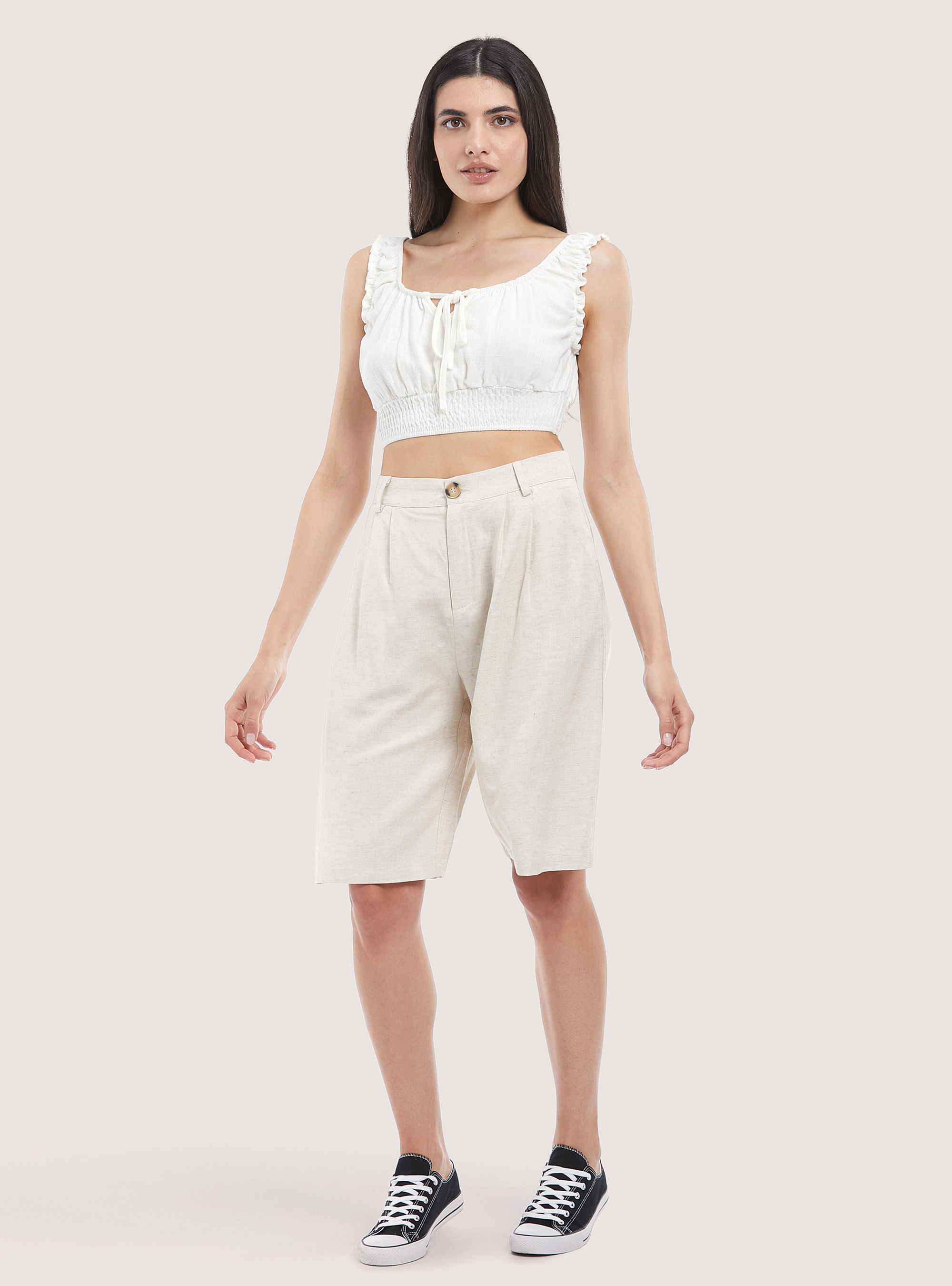 Linen blend midi bermuda shorts, C0578 BEIGE