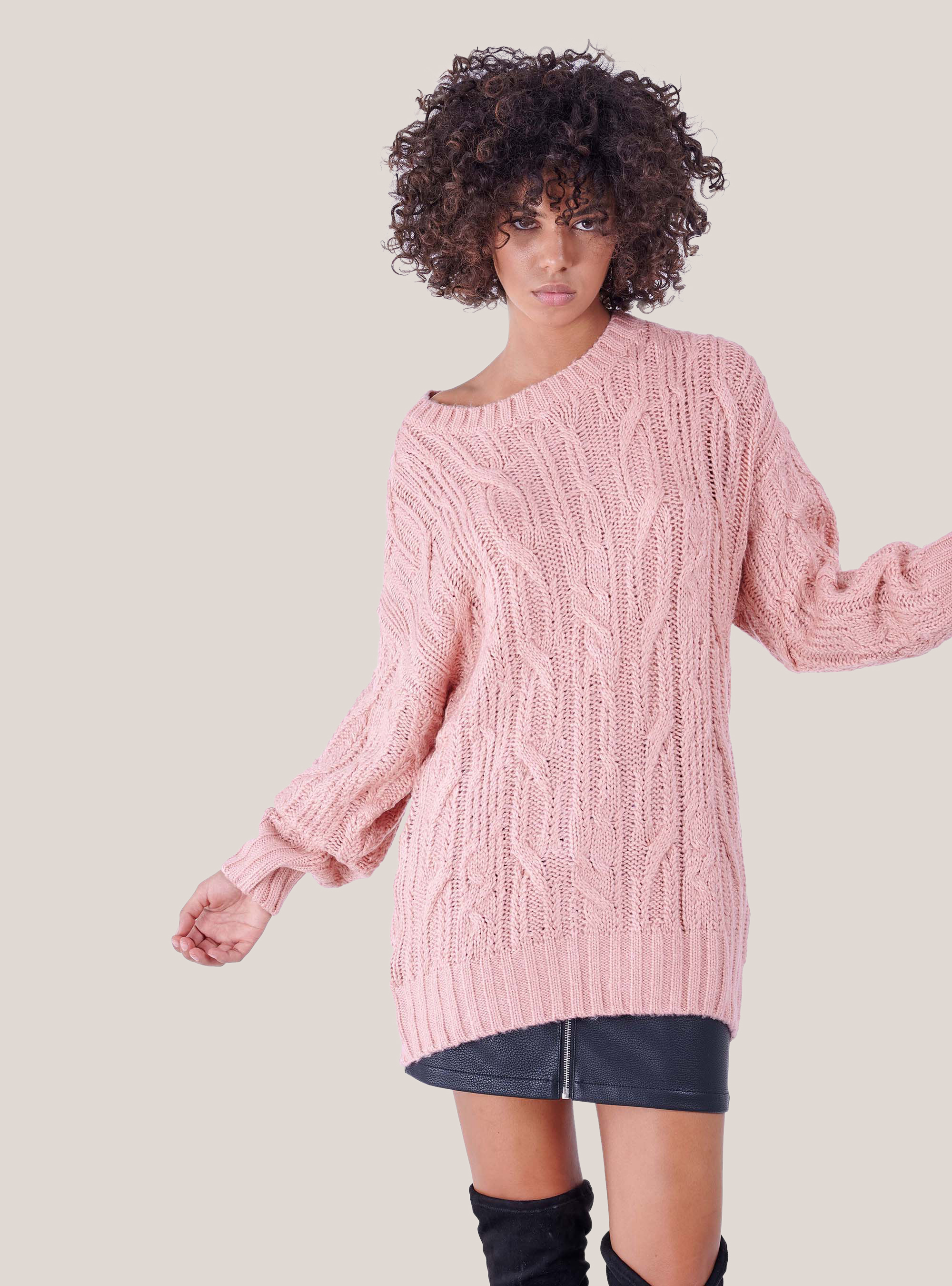 CREWNECK SWEATER  WITH BRAIDING, C501 PINK