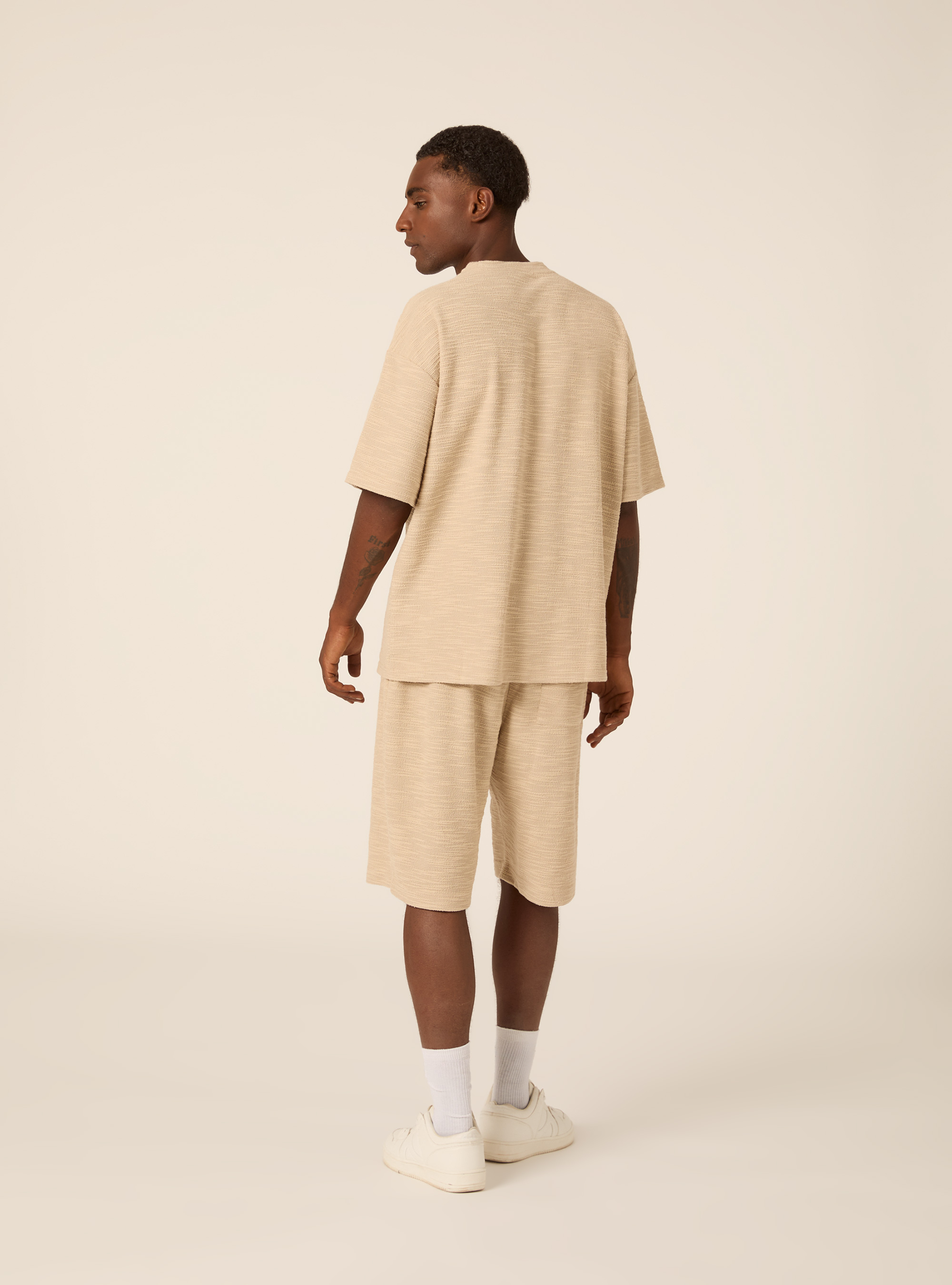 T-shirt in Misto Cotone con Texture, BEIGE MEDIO