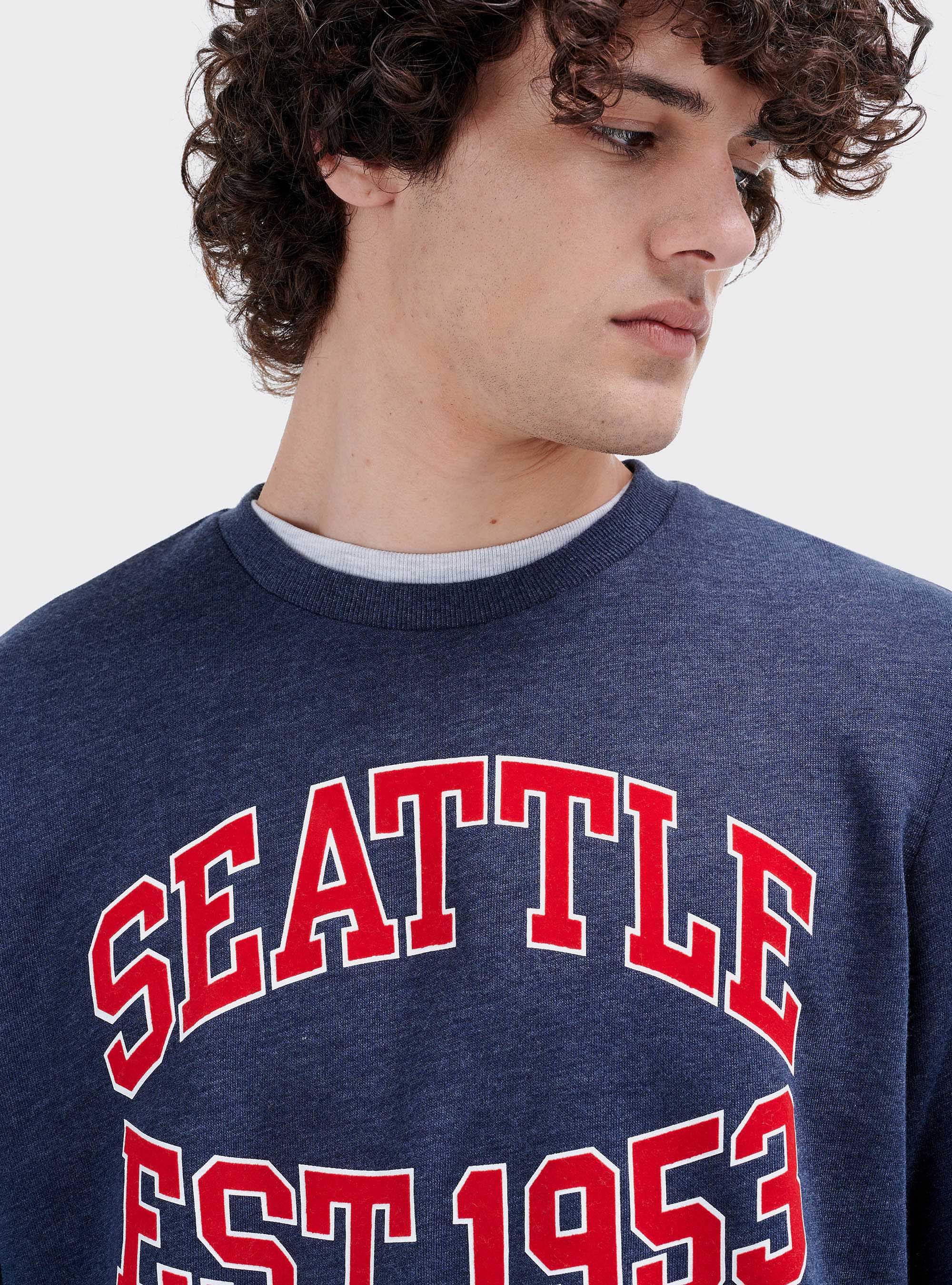 Sweat-shirt à col rond avec impression college, C222 BLUE