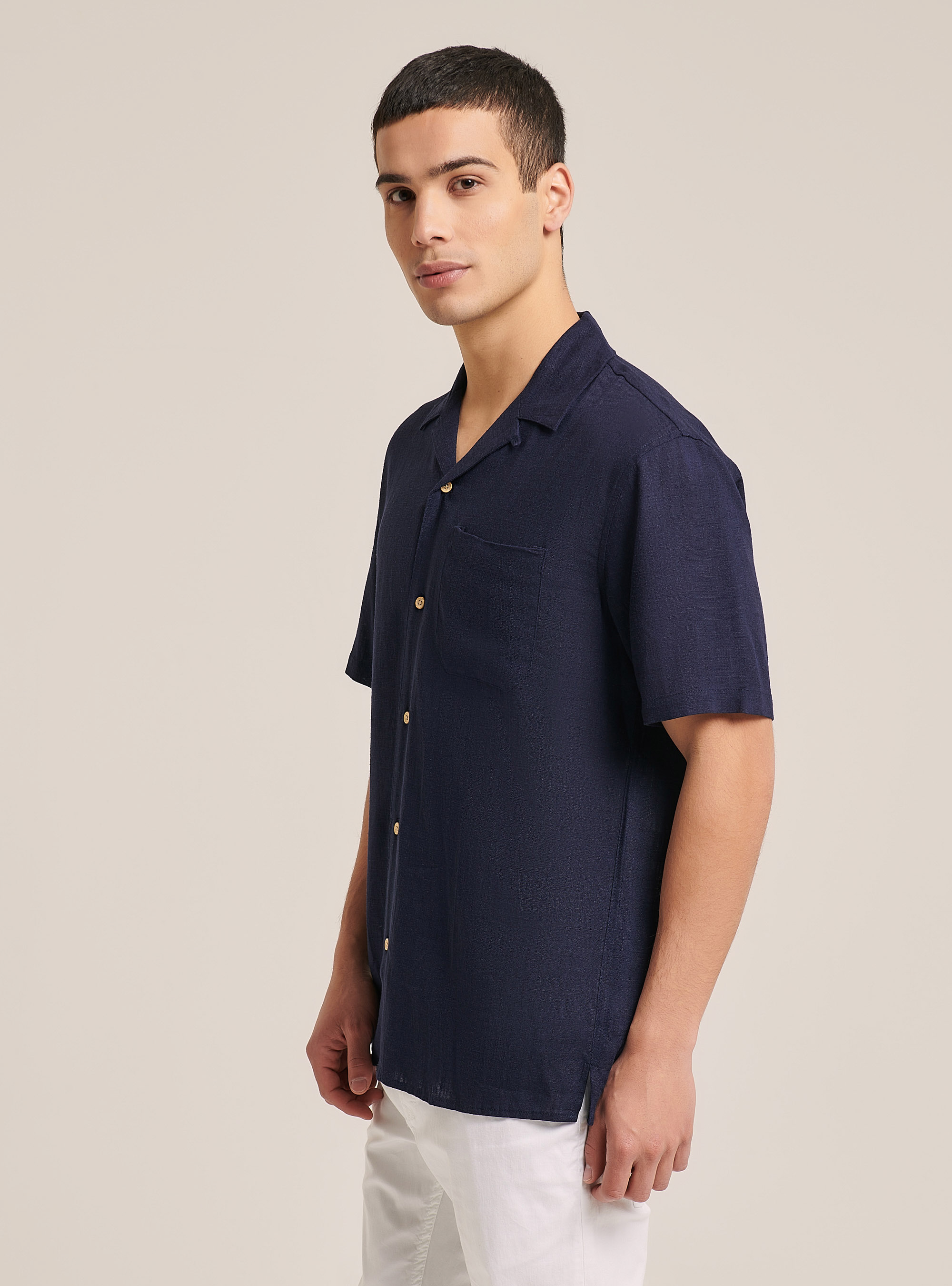 Linen blend shirt with bowling collar, C2456 BLU