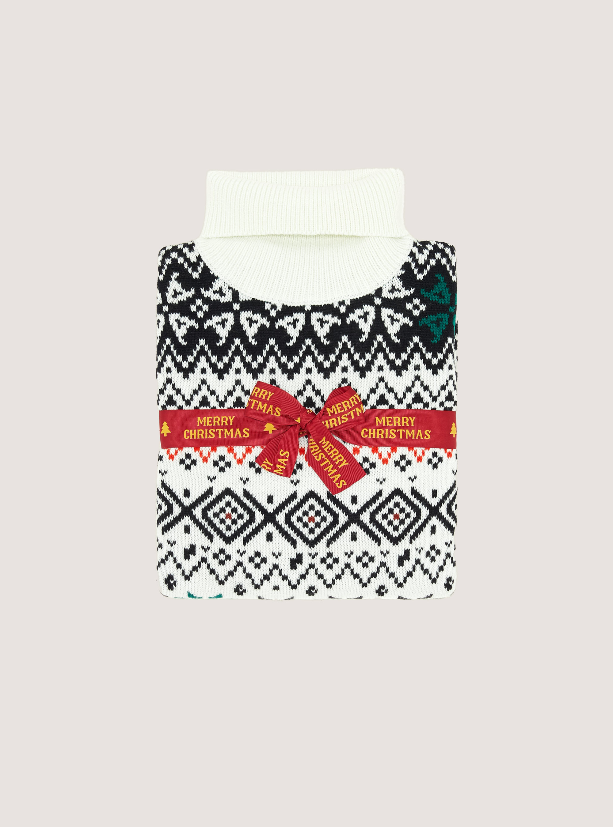 Pullover collo alto con fiocco di neve e abete, WHITE