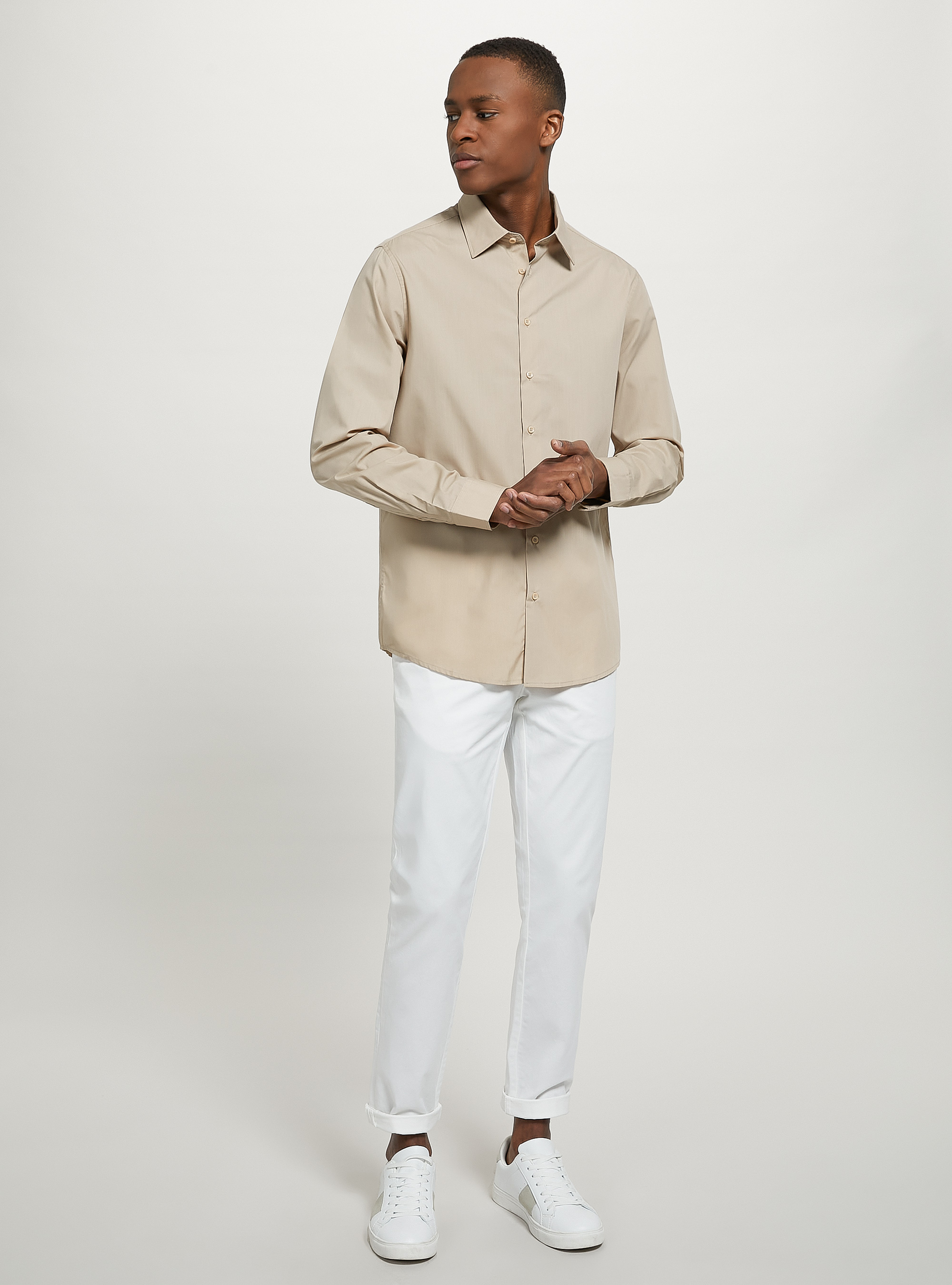 Plain-coloured long-sleeved shirt, BG1 BEIGE DARK