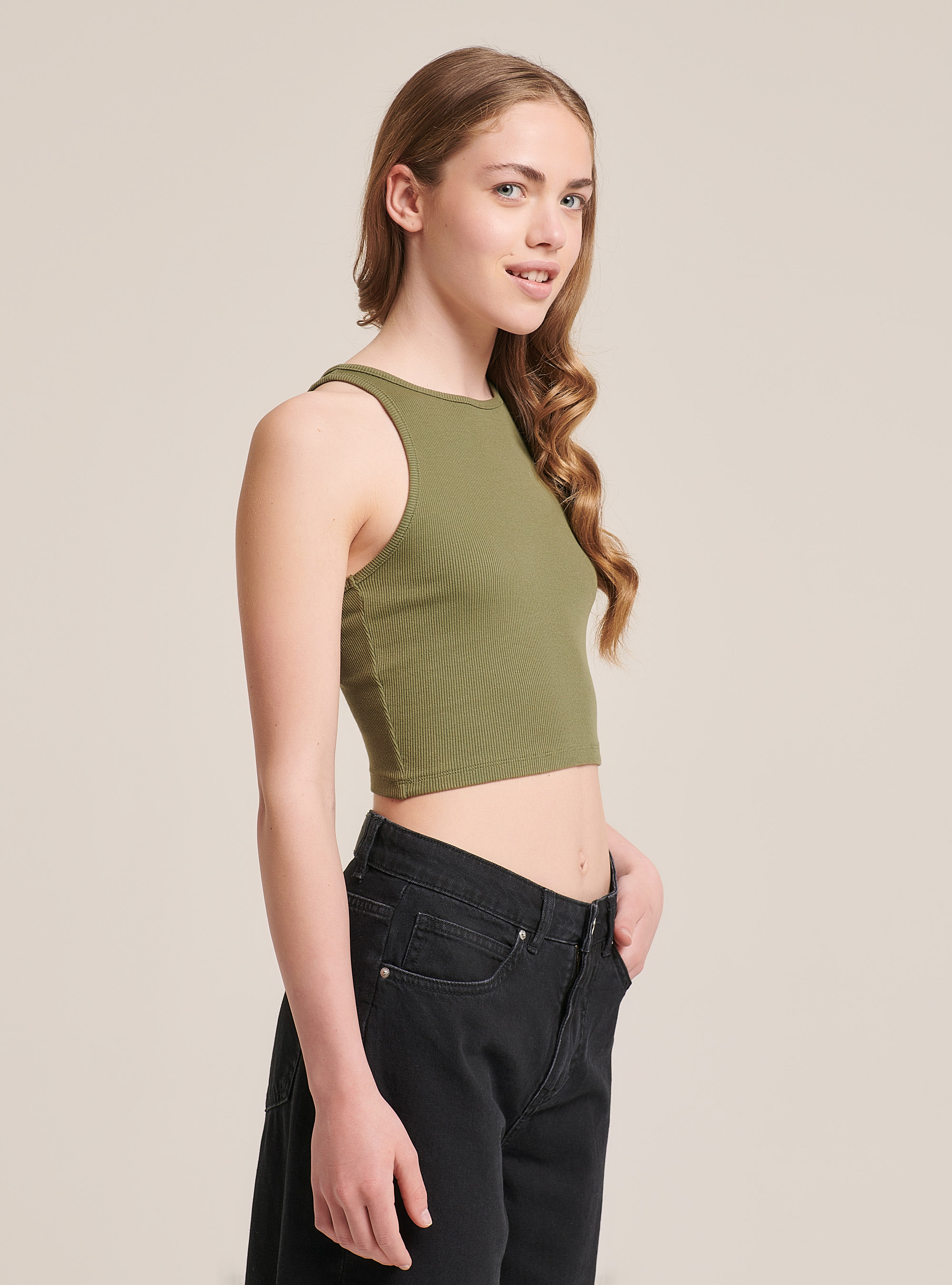 Elastic ribbed crop top in cotton, C0606 KAKY