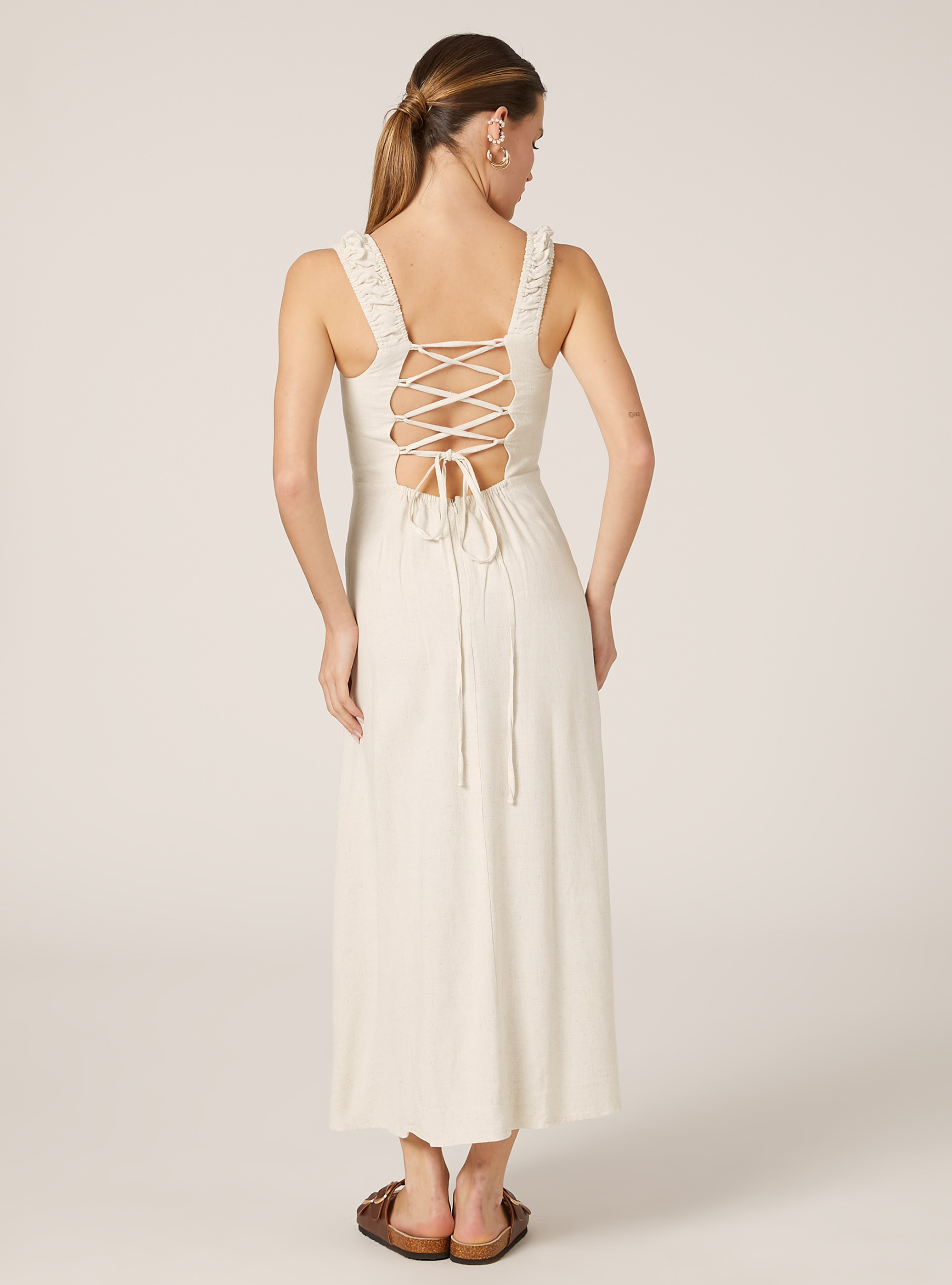 Linen-blend dress with open back, MBG3 BEIGE MEL LIGHT