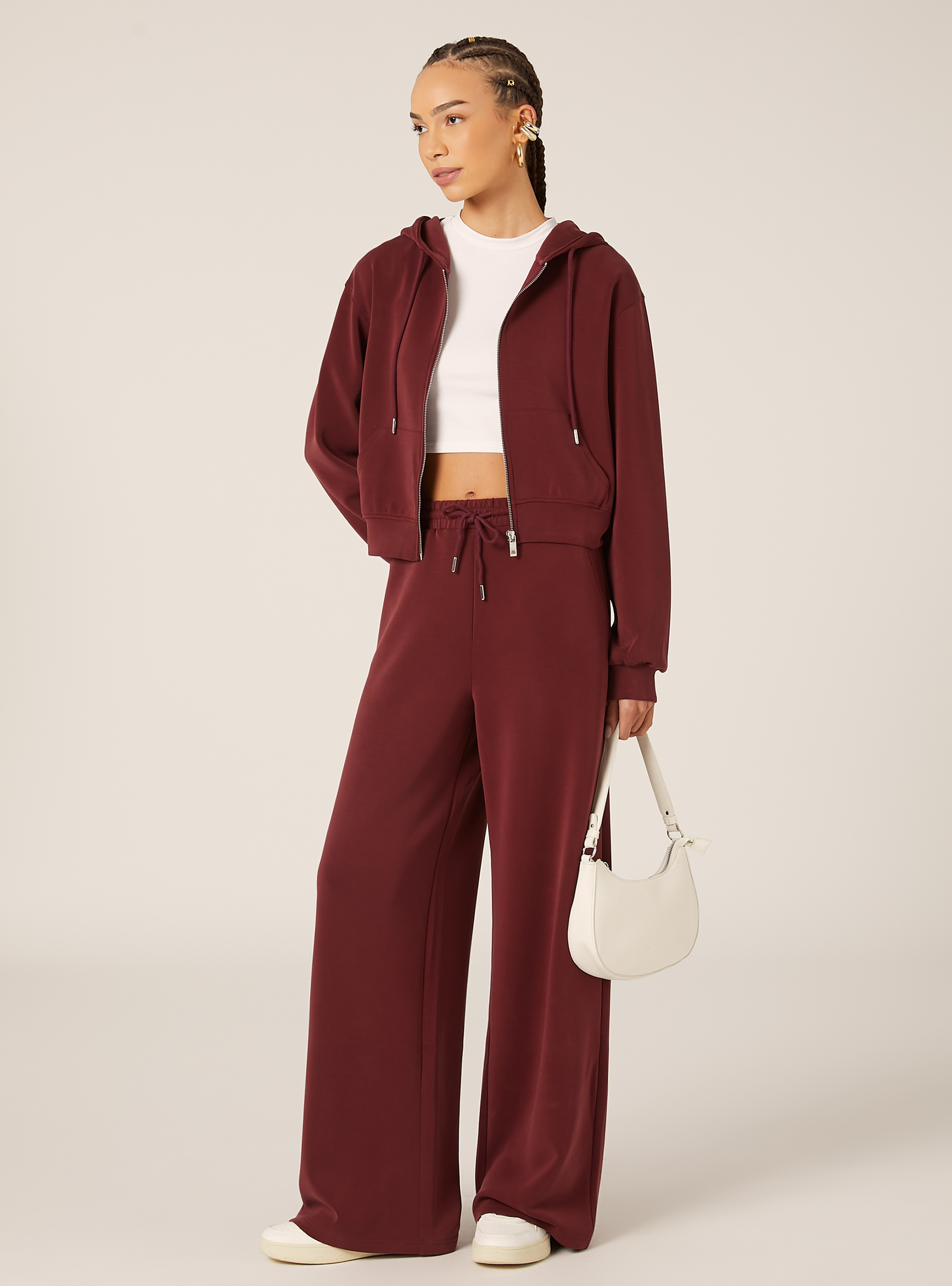 Sweat-shirt zippé court au toucher doux, BO1 BORDEAUX DARK