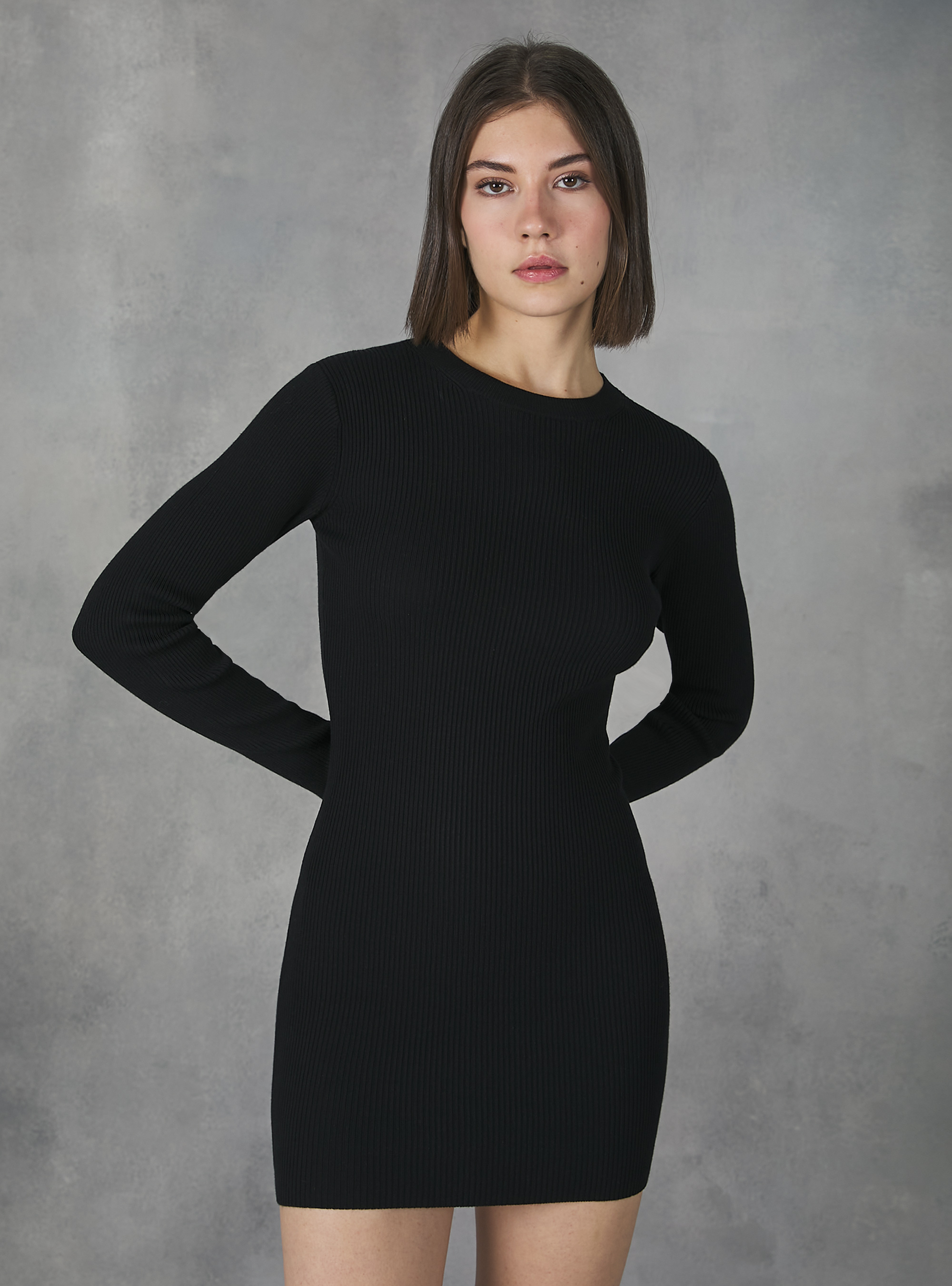 Long-sleeved knit dress, BK1 BLACK