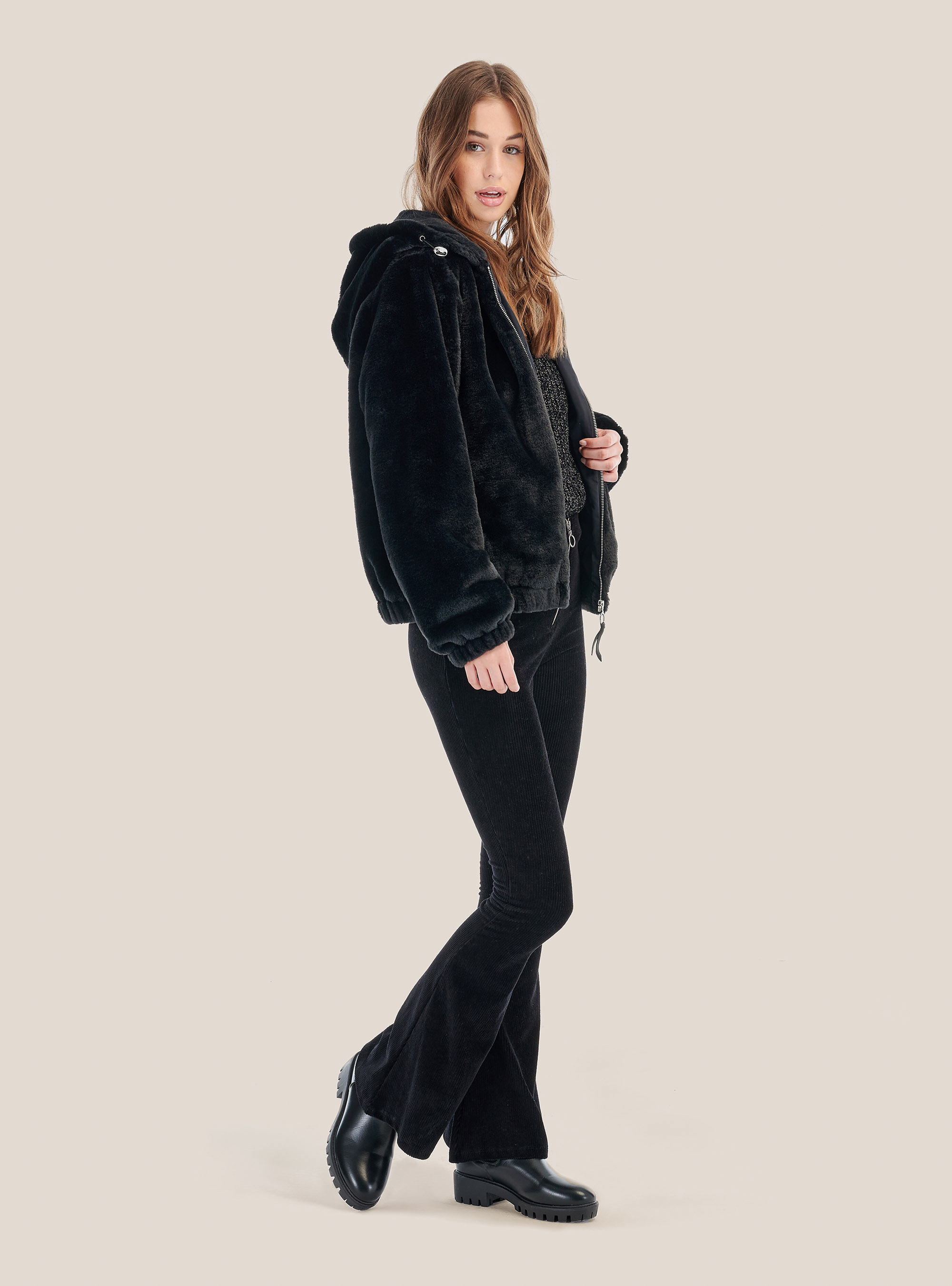 Faux fur jacket with hood, C101 BLACK