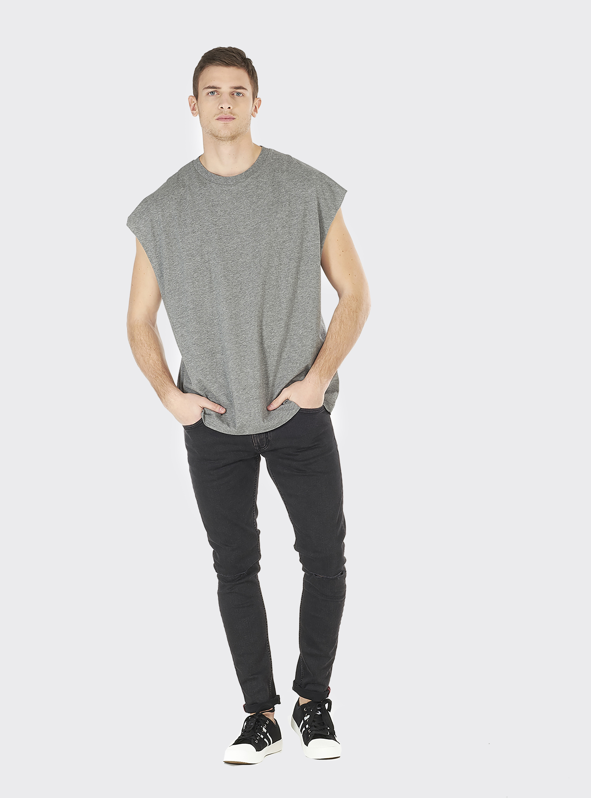 Débardeur à larges épaules en pur coton, C130 DARK GREY MELANGE