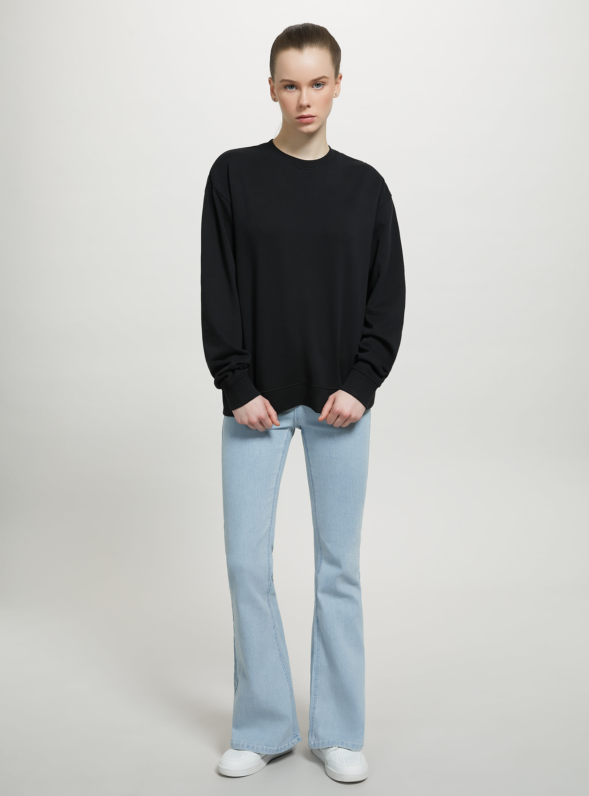 Felpa girocollo in cotone in tinta unita, BK1 BLACK