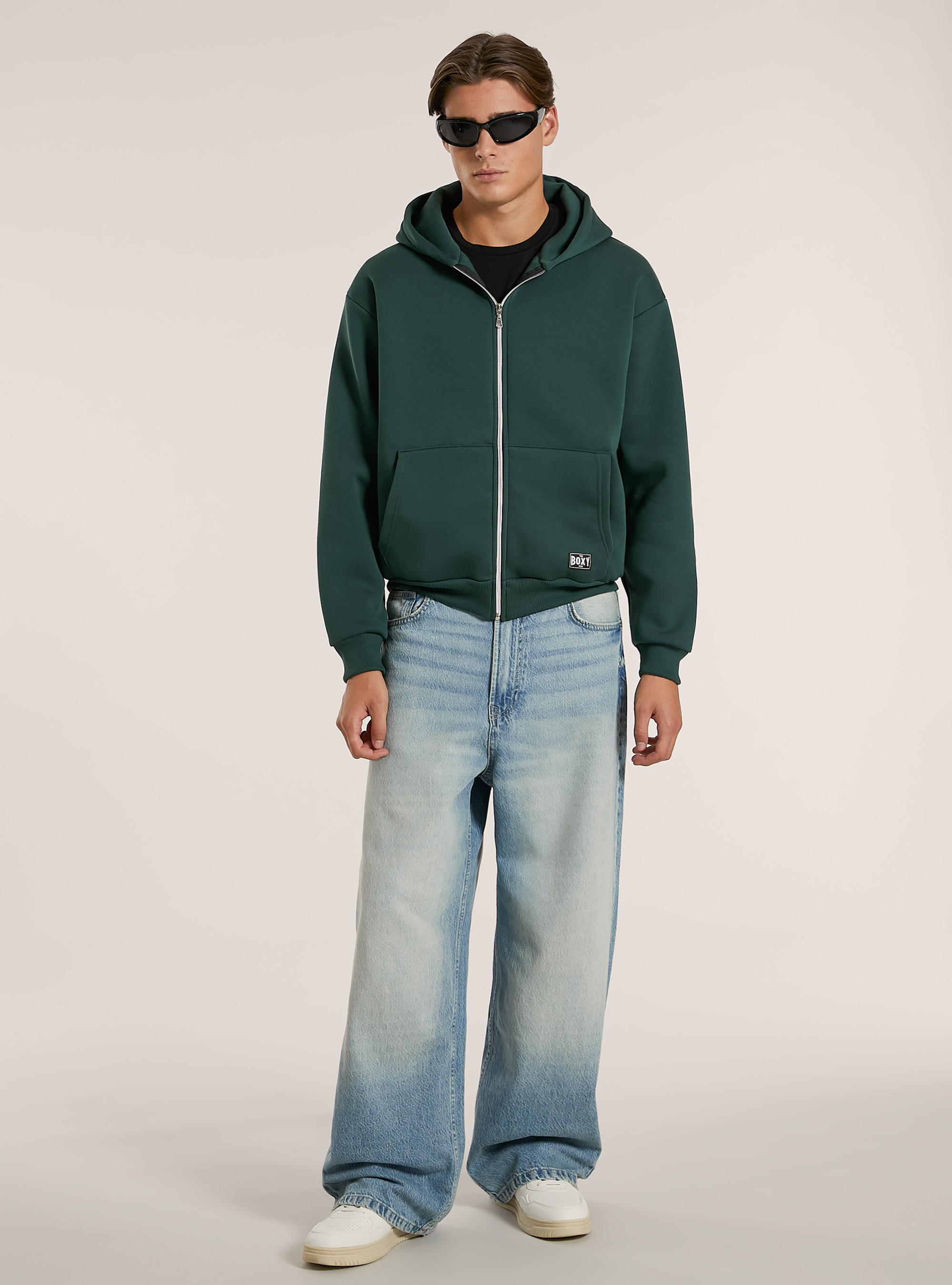 Sweatshirt with zip and boxy fit hood, GN1 GREEN DARK