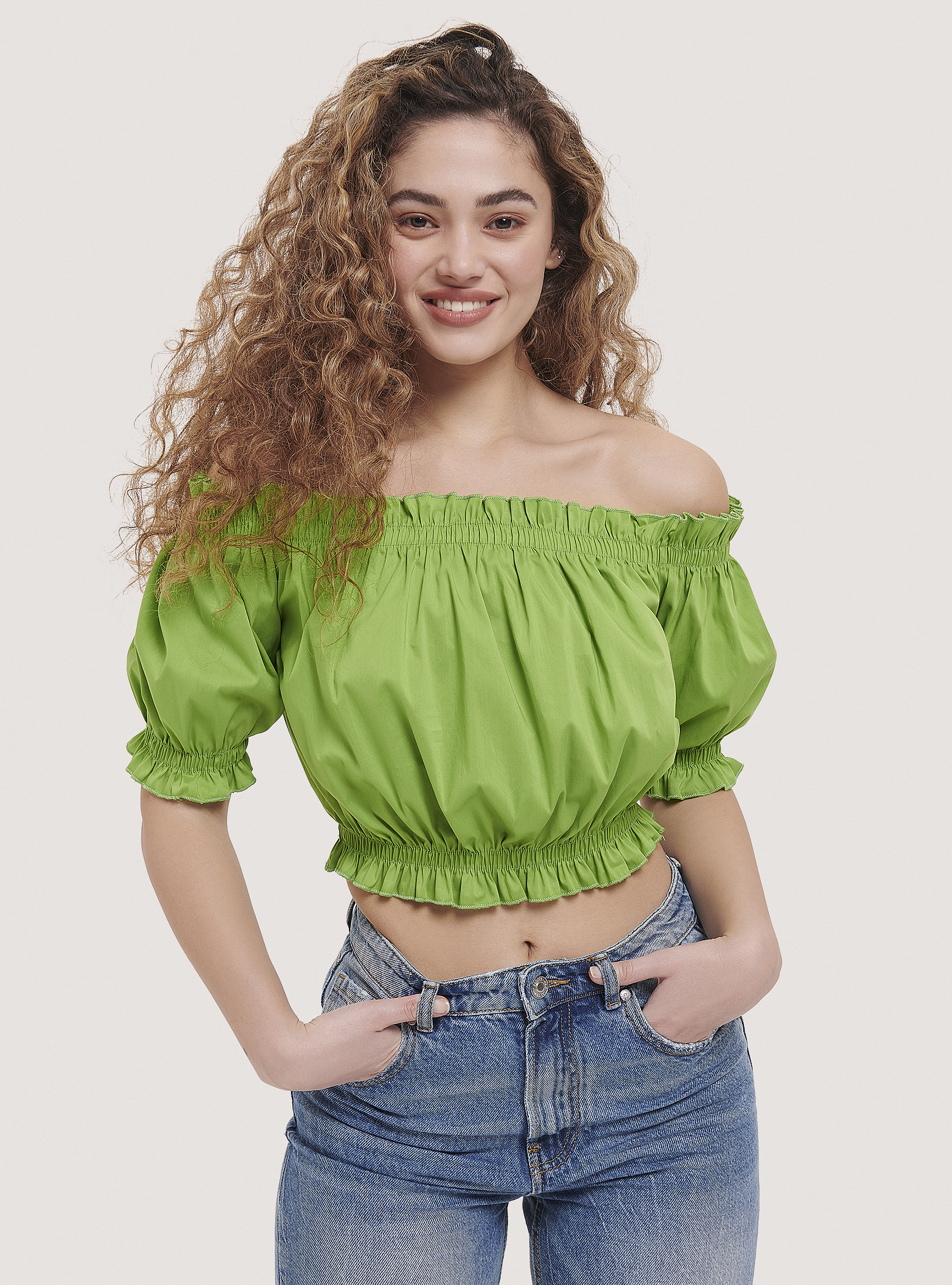 Cropped gathered blouse with bardot neckline, C7752 LIME