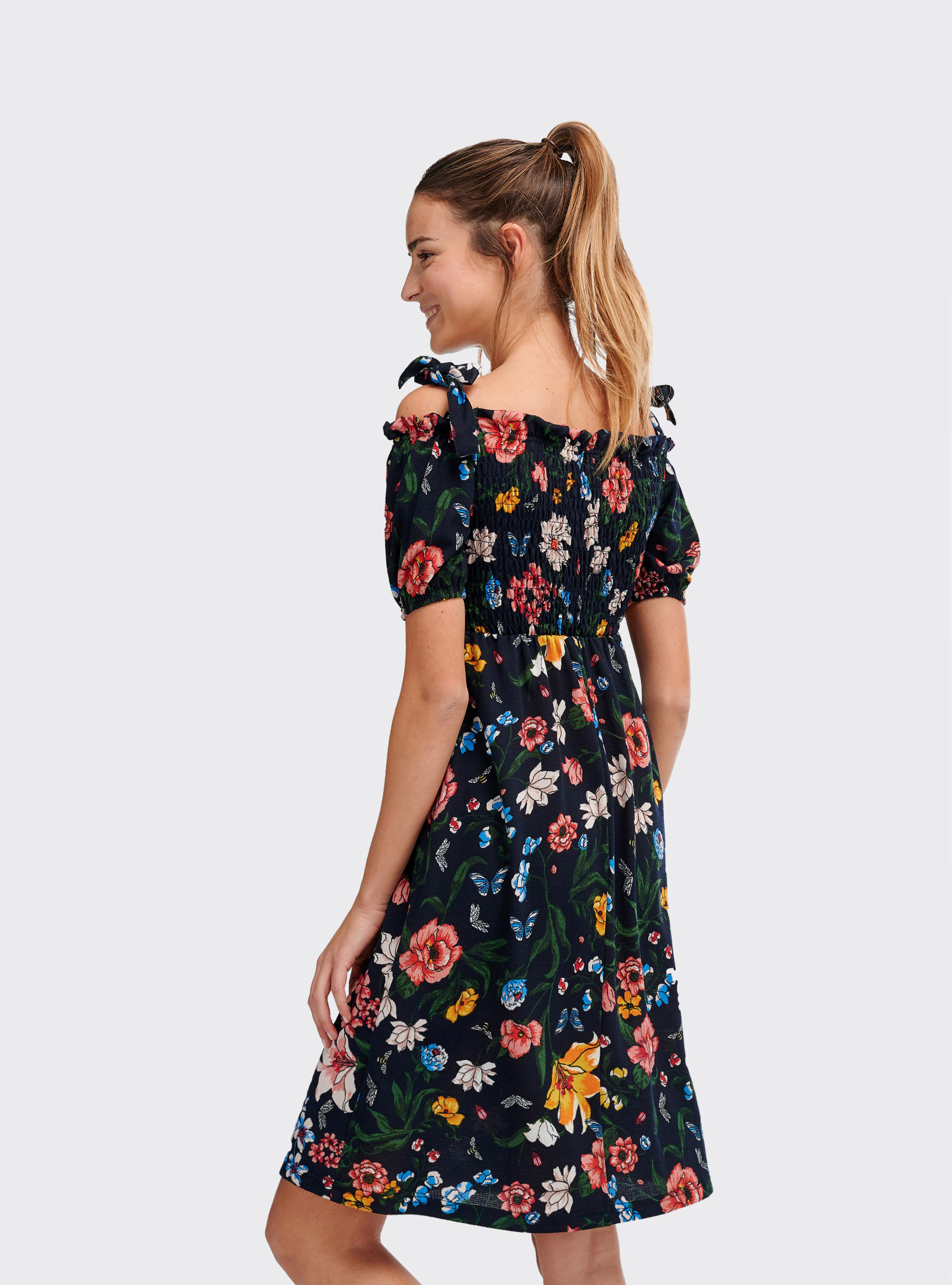 Vestito midi a fiori con spalle scoperte, FLOWERS