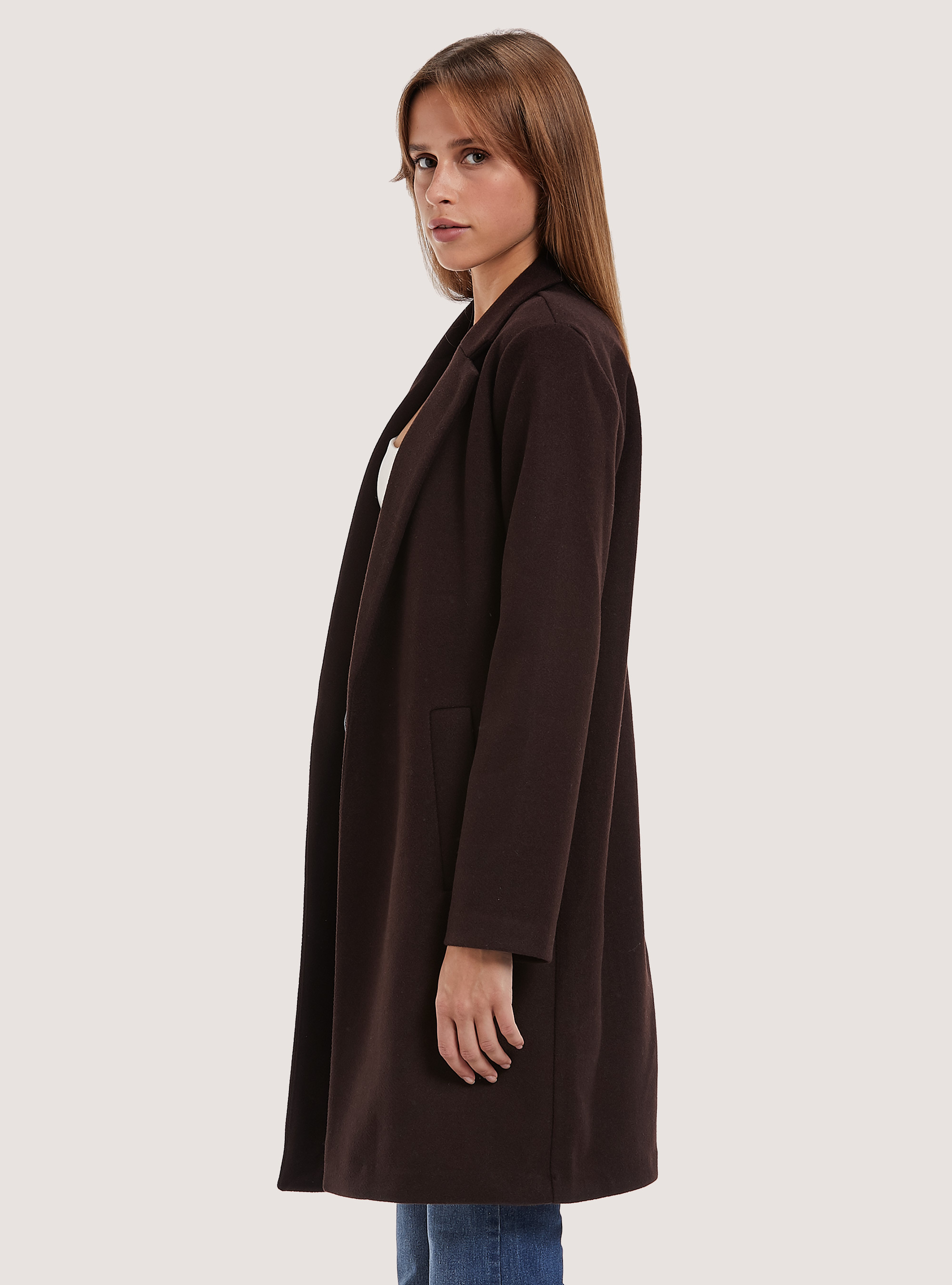 Abrigo abierto de color liso, BR1 BROWN DARK