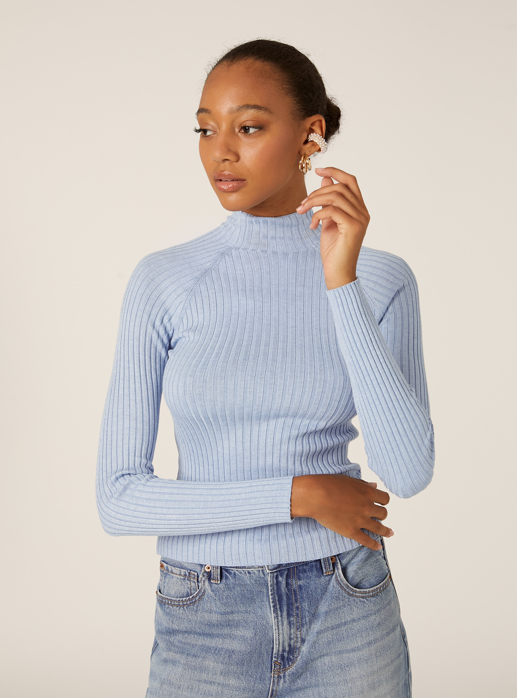 Mid-neck ribbed pullover, MAZ2 AZURE MEL MEDIUM