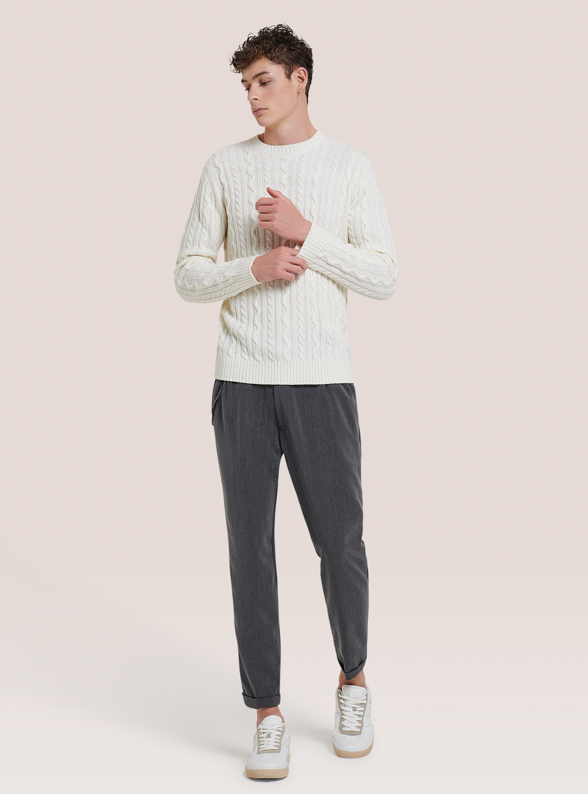 Crew-neck pullover with braids, WH2 WHITE