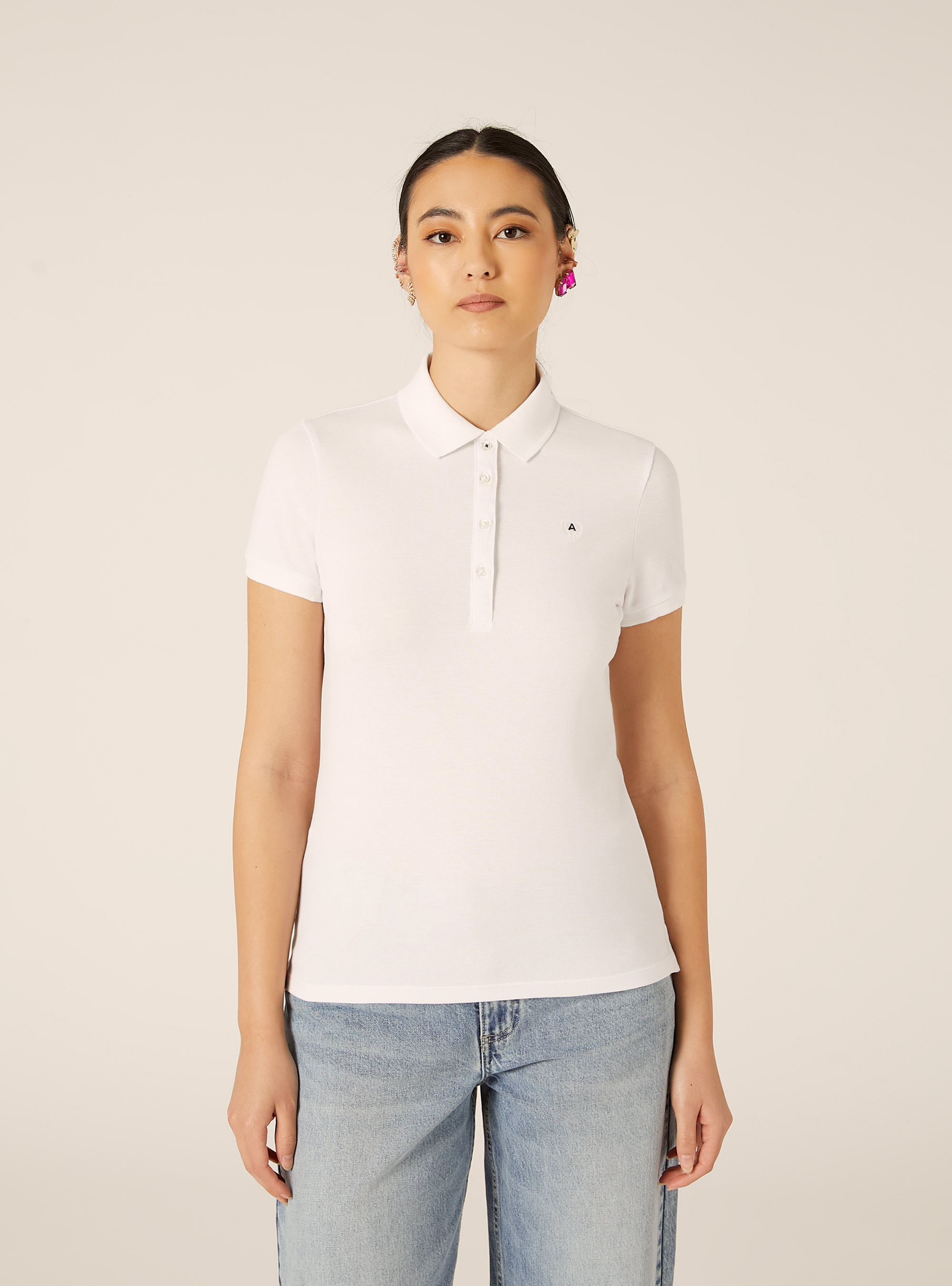 Polo Slim Fit avec Logo Brod&eacute;, WH3 WHITE