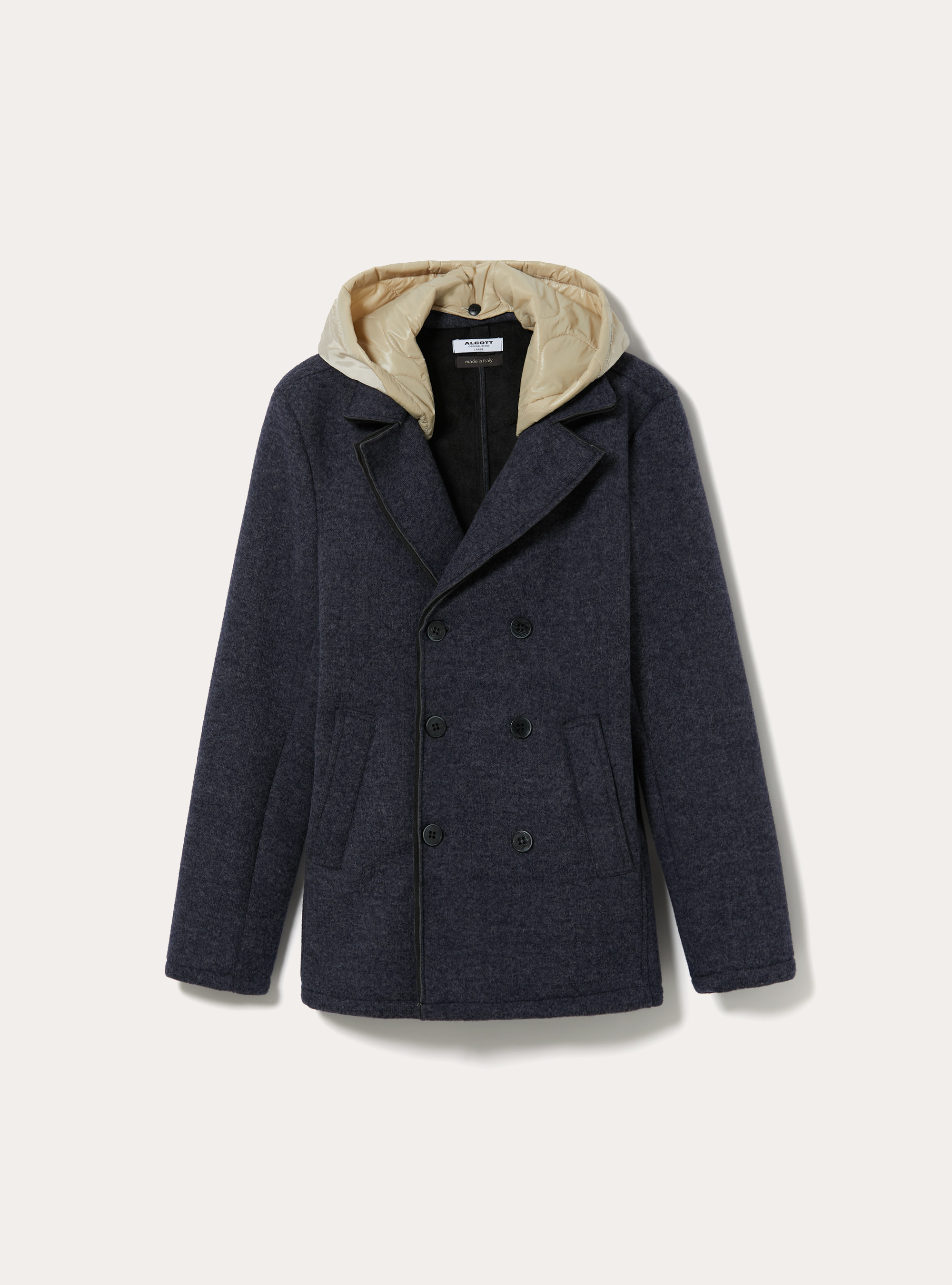 Cappotto doppiopetto con cappuccio trapuntato, NA1 NAVY DARK