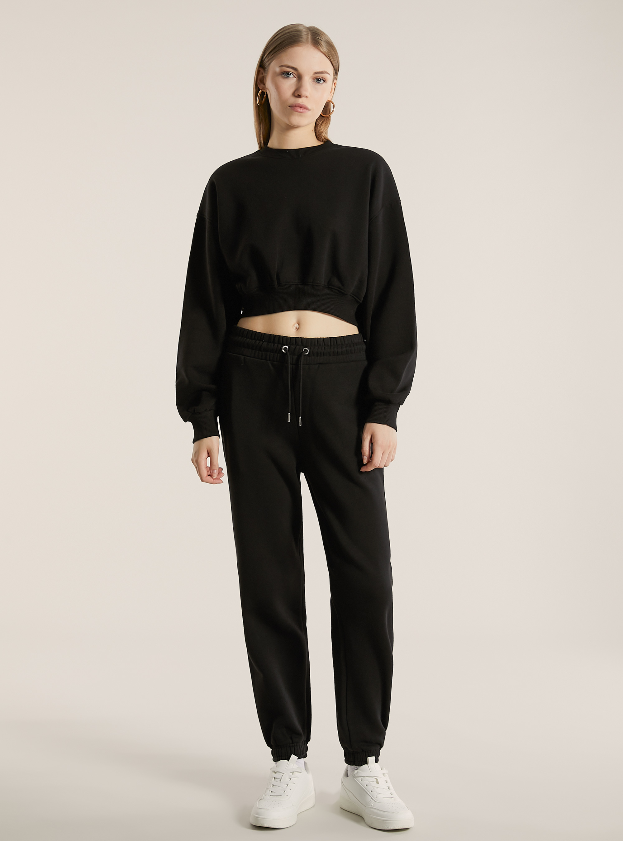 Cotton crop crew-neck sweatshirt, BK1 BLACK