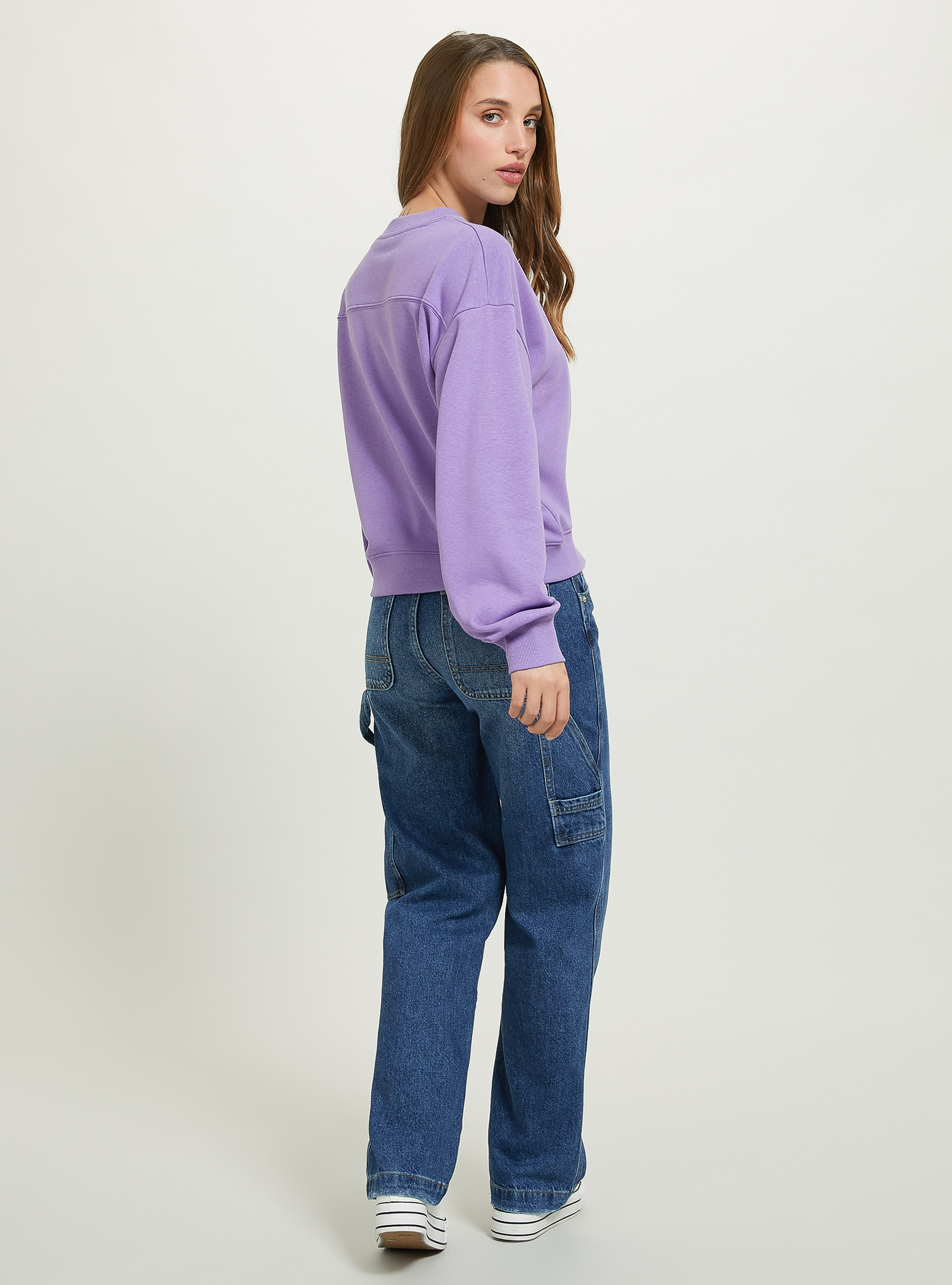 Cropped sweatshirt with lettering print, LC1 LILLAC DARK