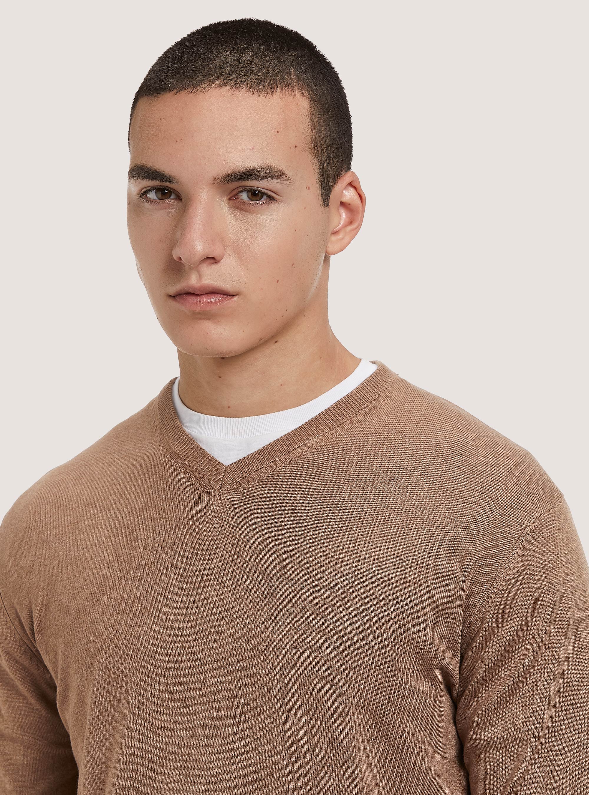 Pullover scollo a "v" tinta unita, C0540 BEIGE