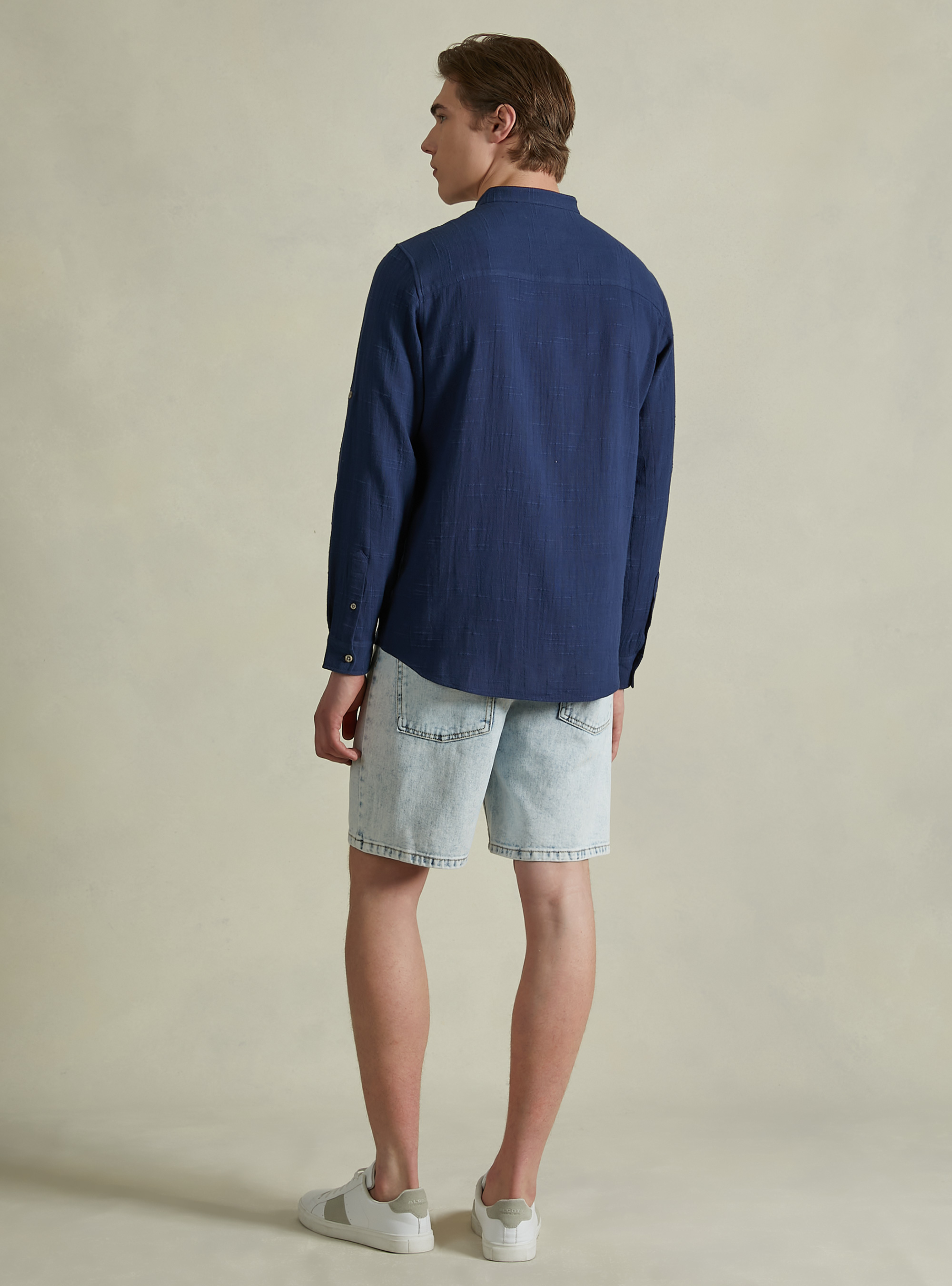 Linen blend shirt with Korean collar, NA1 NAVY DARK