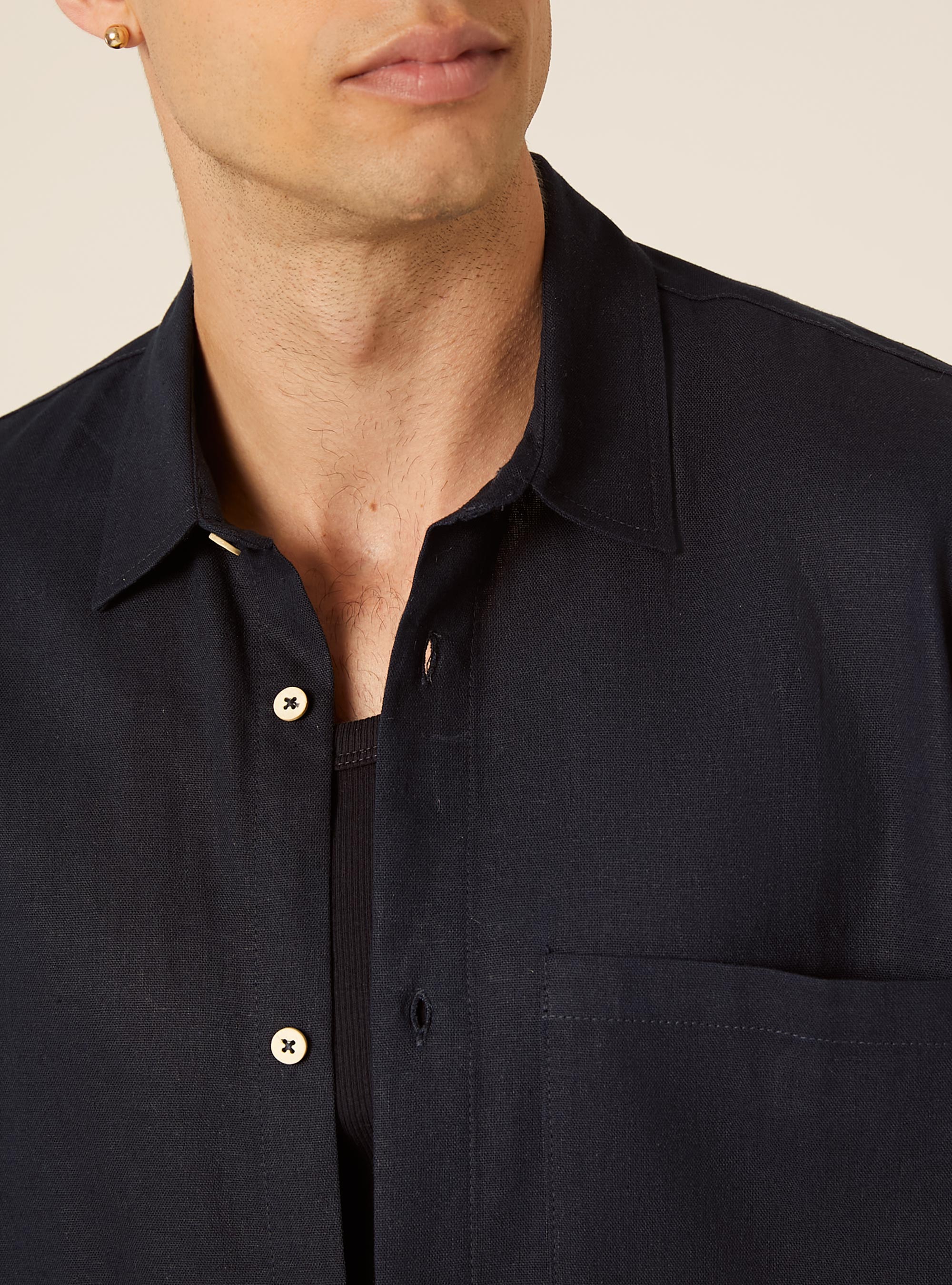 Camicia  in misto lino  con taschino, NA1 NAVY DARK