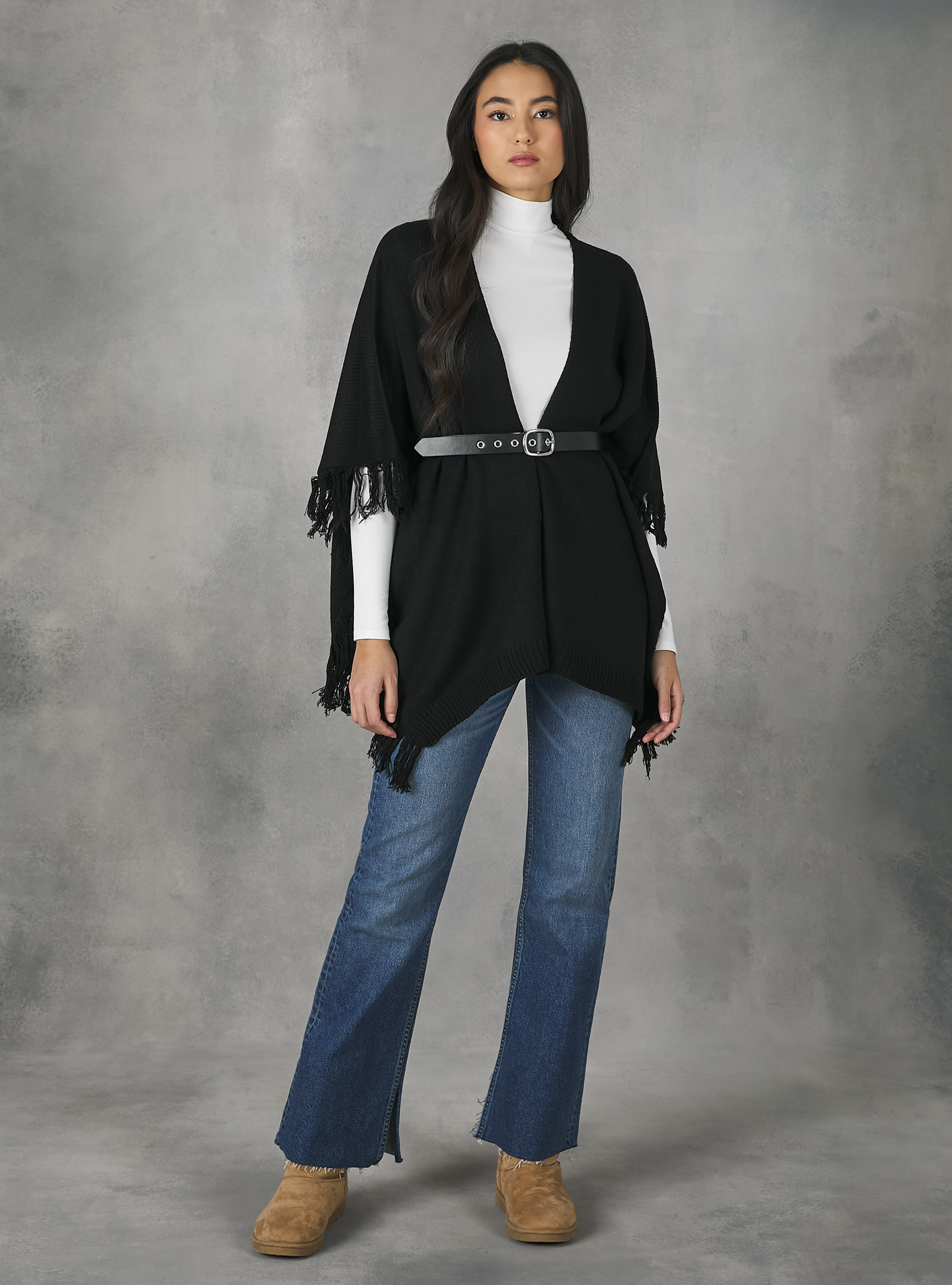 Poncho with fringes, BLACK