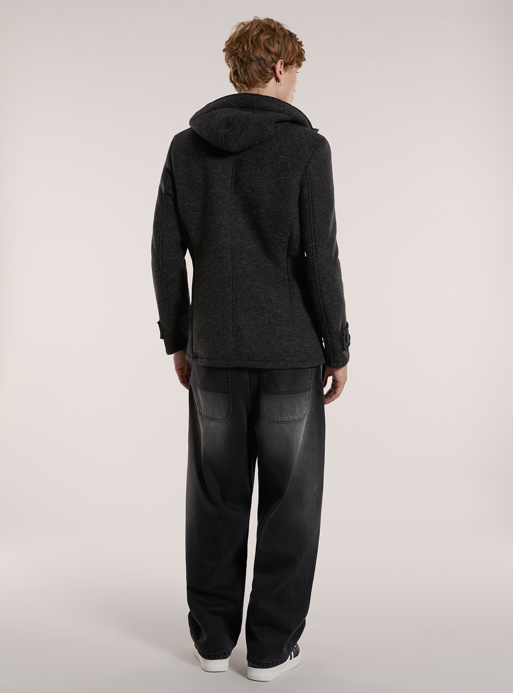 Double-breasted caban coat with hood, GY1 GREY DARK