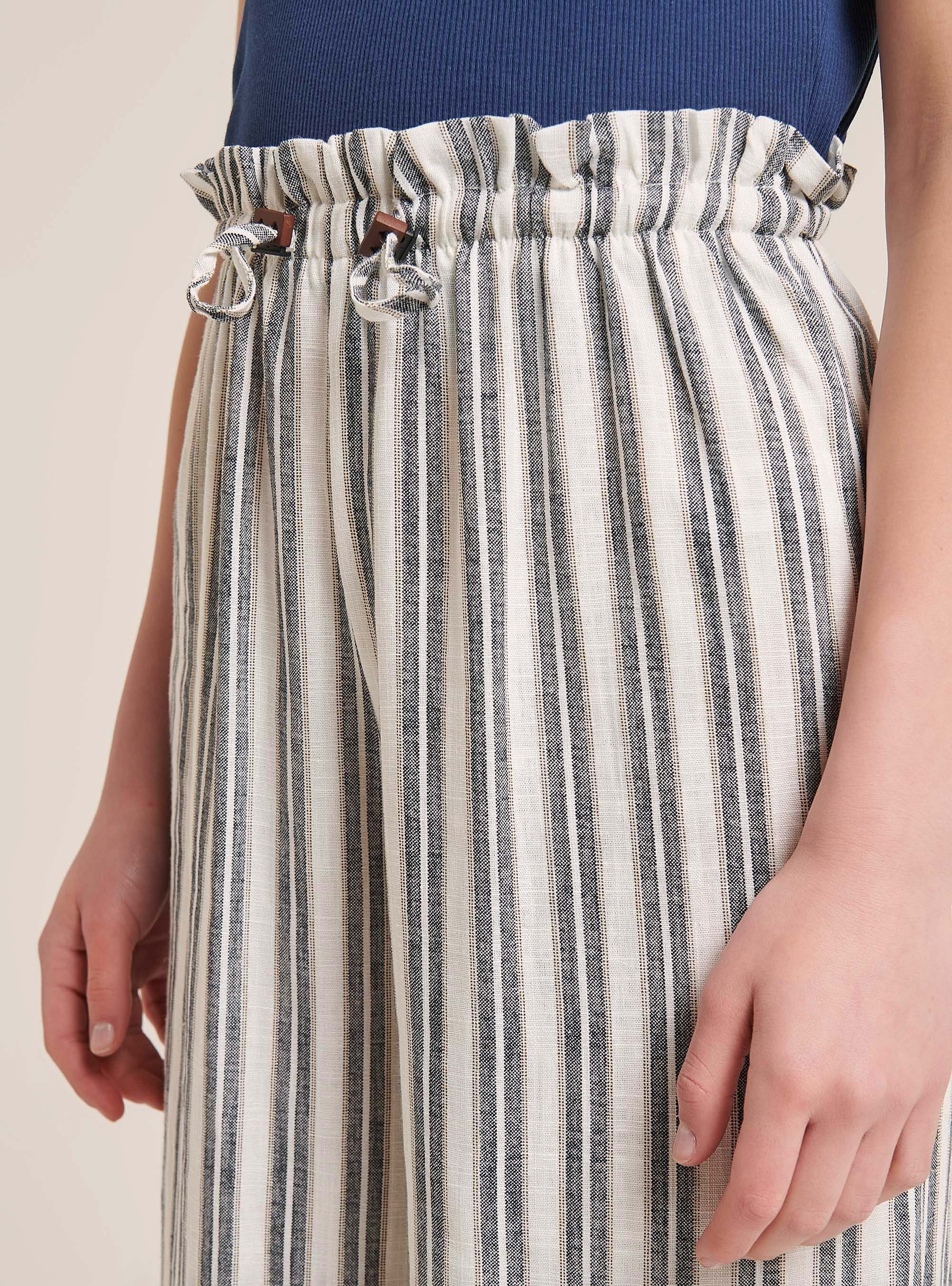 Pantaloni culotte a righe in misto lino, MULTICOLORE
