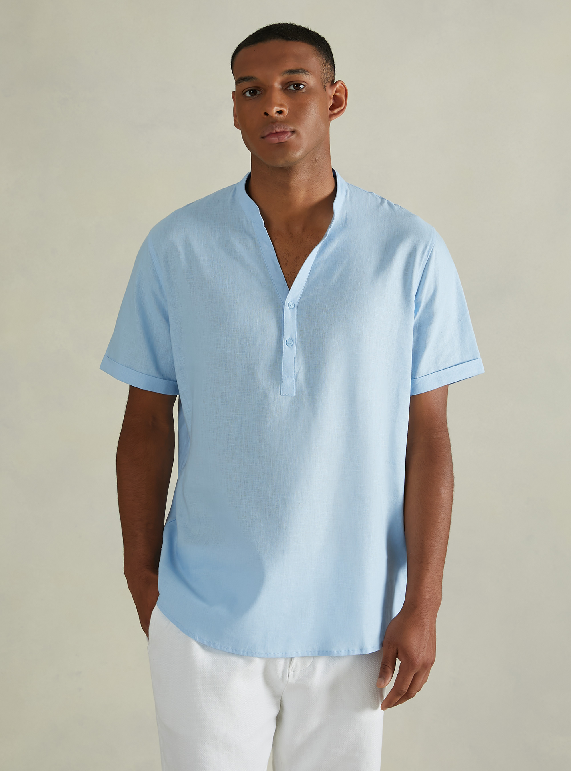 Camicia con collo coreano in misto lino, AZ3 AZURE LIGHT
