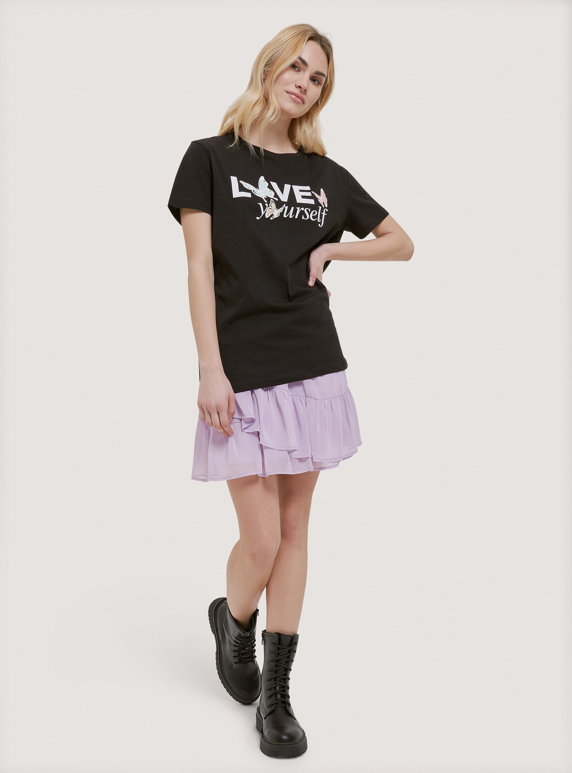 Maglietta in cotone con stampa, NERO