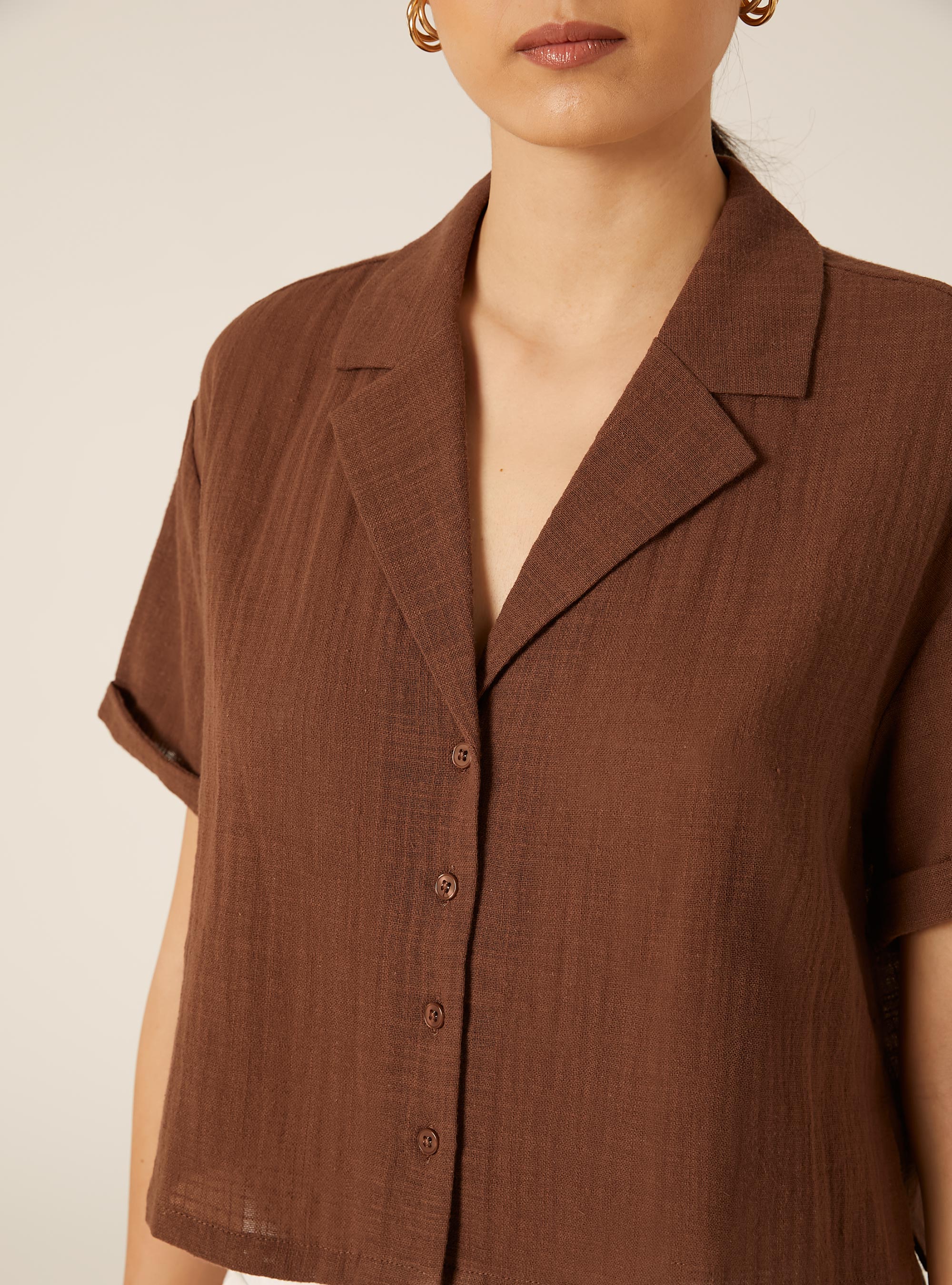 Camicia maniche corte crop, BR2 BROWN MEDIUM