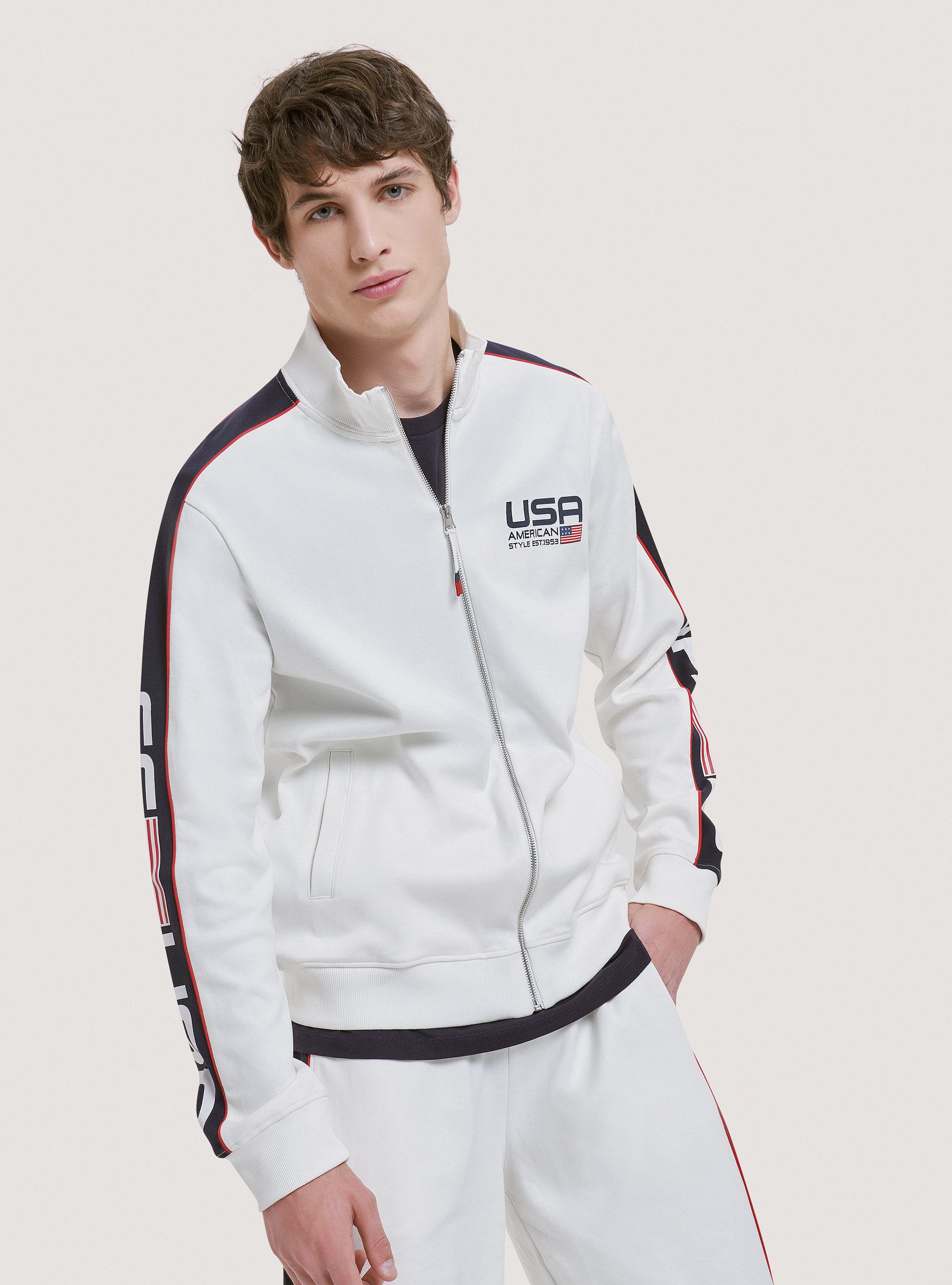 Sudadera con cremallera y estampado de algodón USA, C0020 OFF WHITE