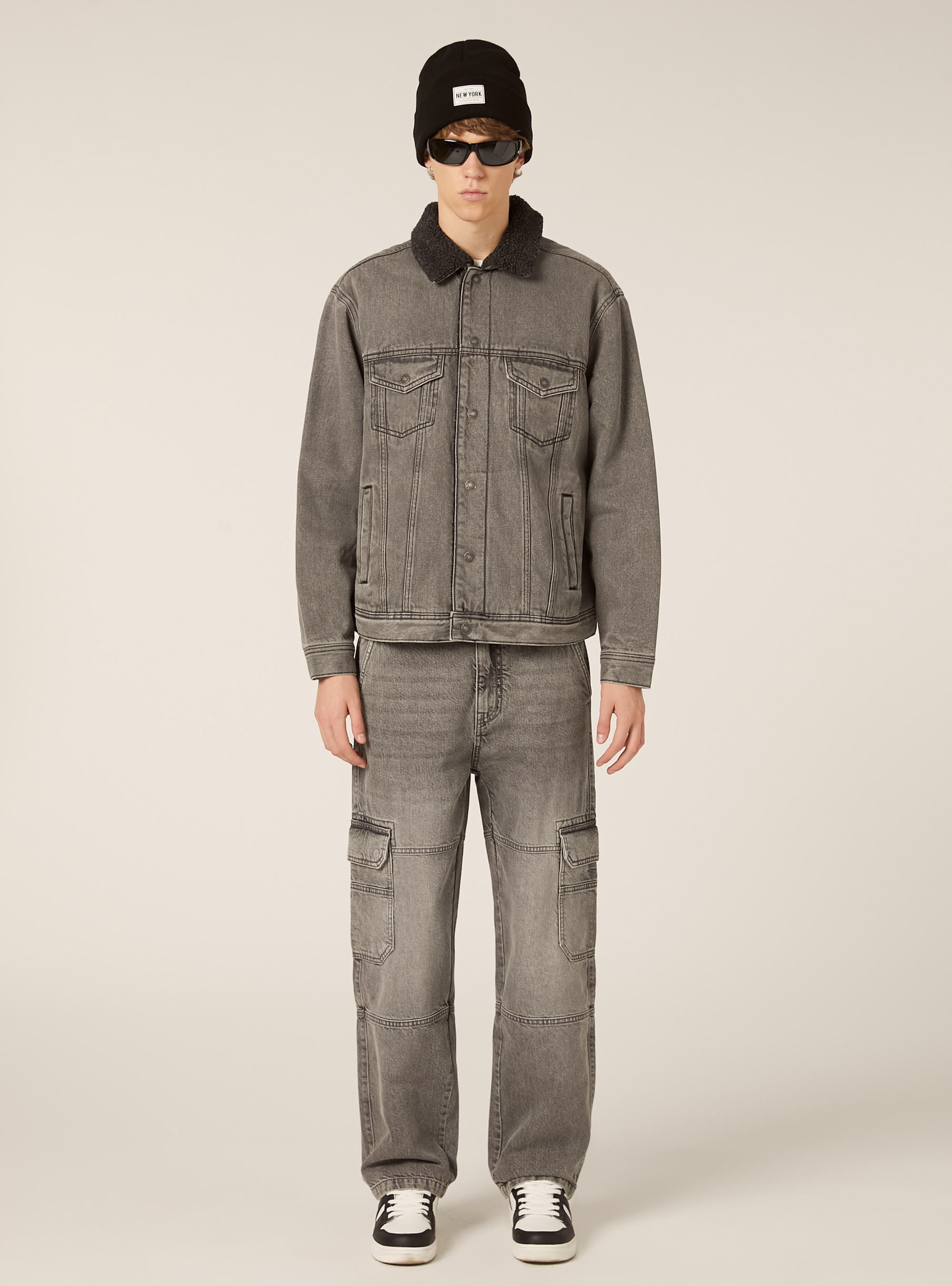 Giubbotto denim con agnellato, D00G GREY