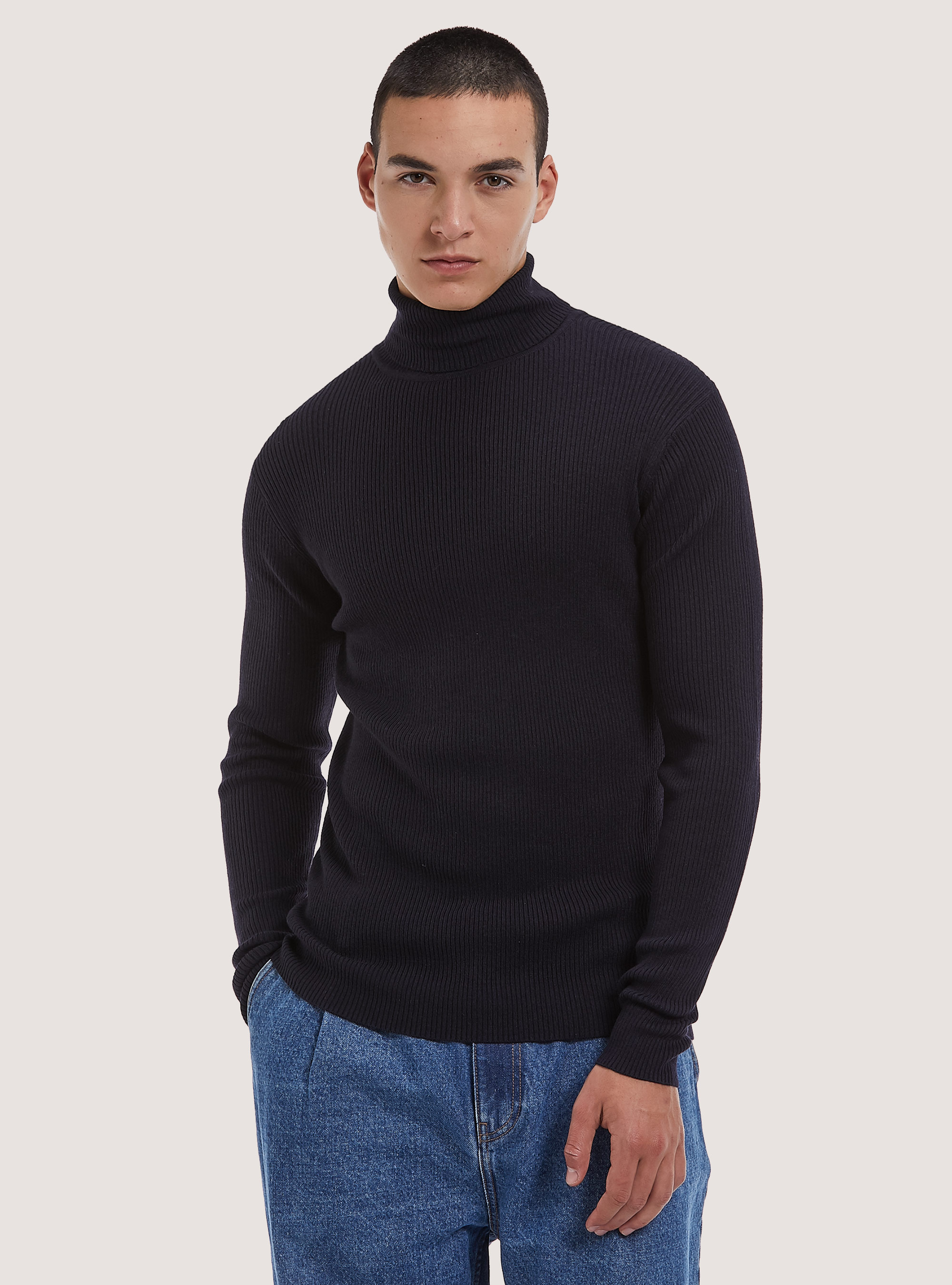Pullover collo alto a coste, BLU MARINO
