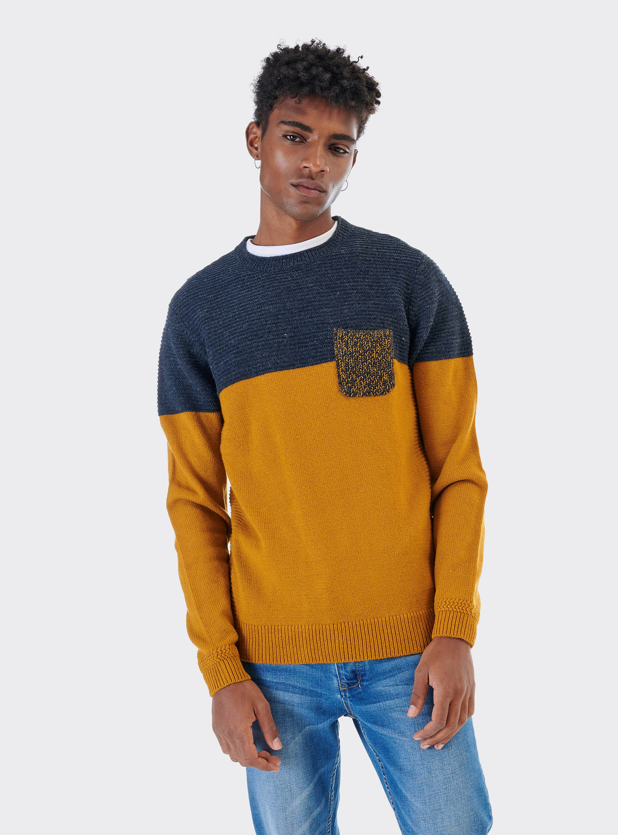 Pullover color block in misto lana con taschino, BLU MELANGE
