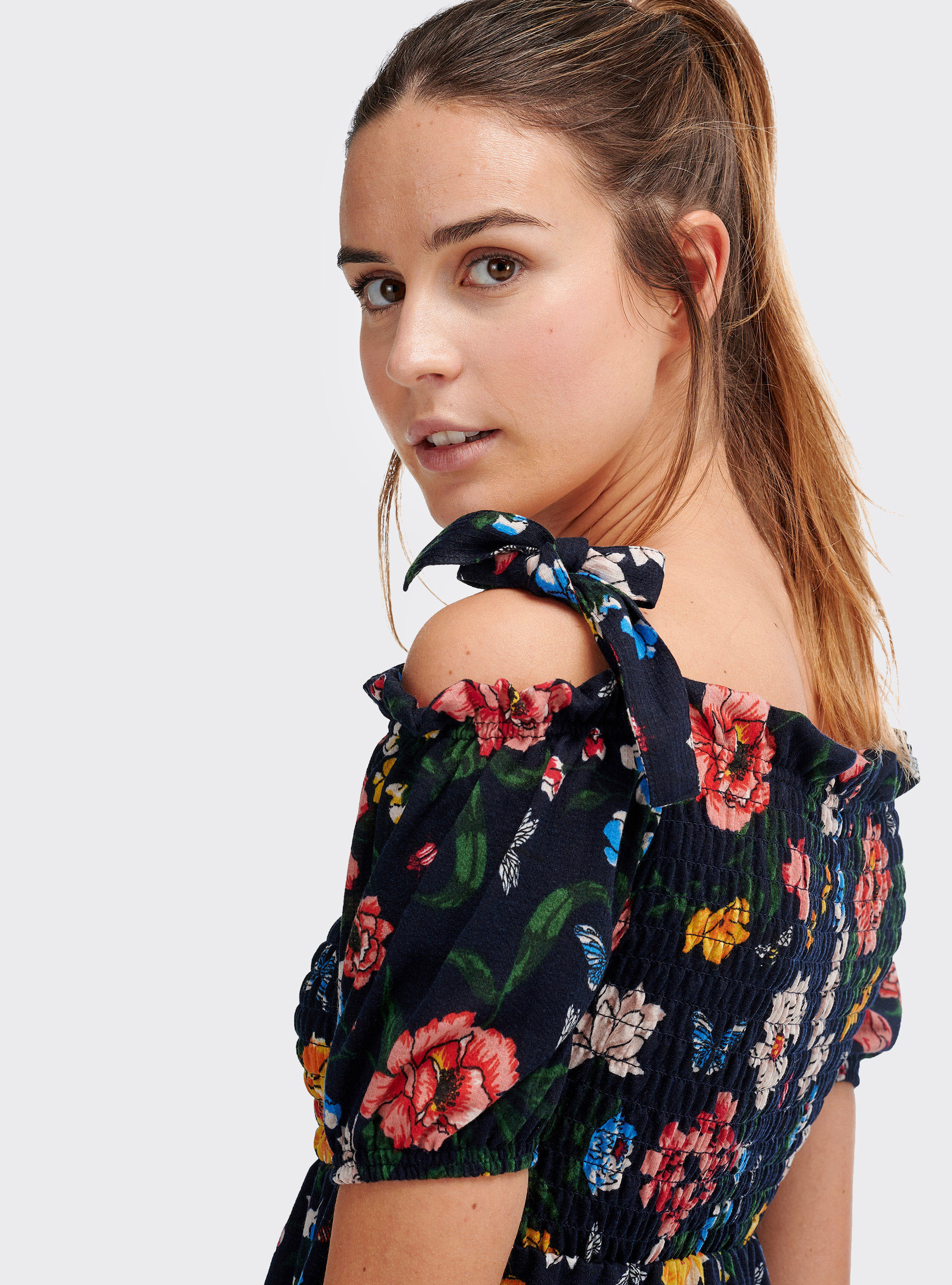 Vestito midi a fiori con spalle scoperte, FLOWERS