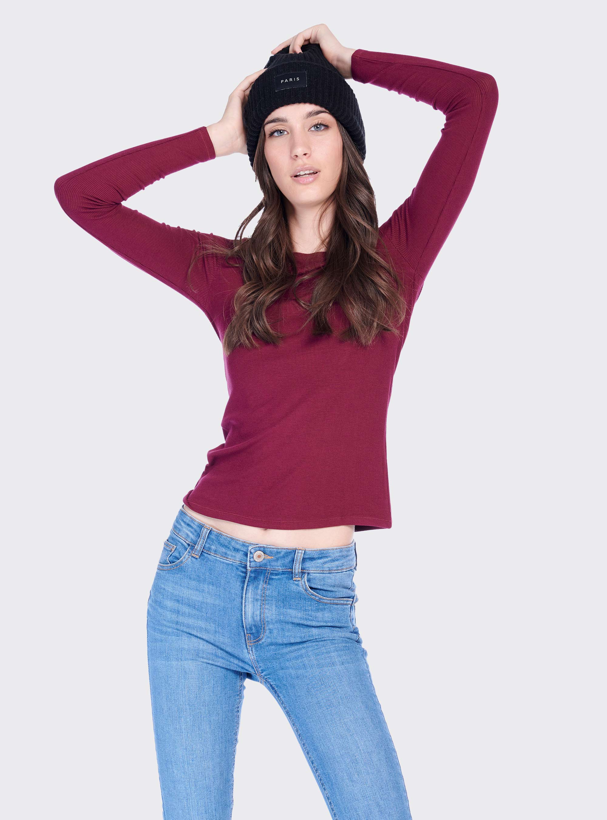 T-shirt c&ocirc;tel&eacute; &agrave; manches longues, C3319 BORDEAUX