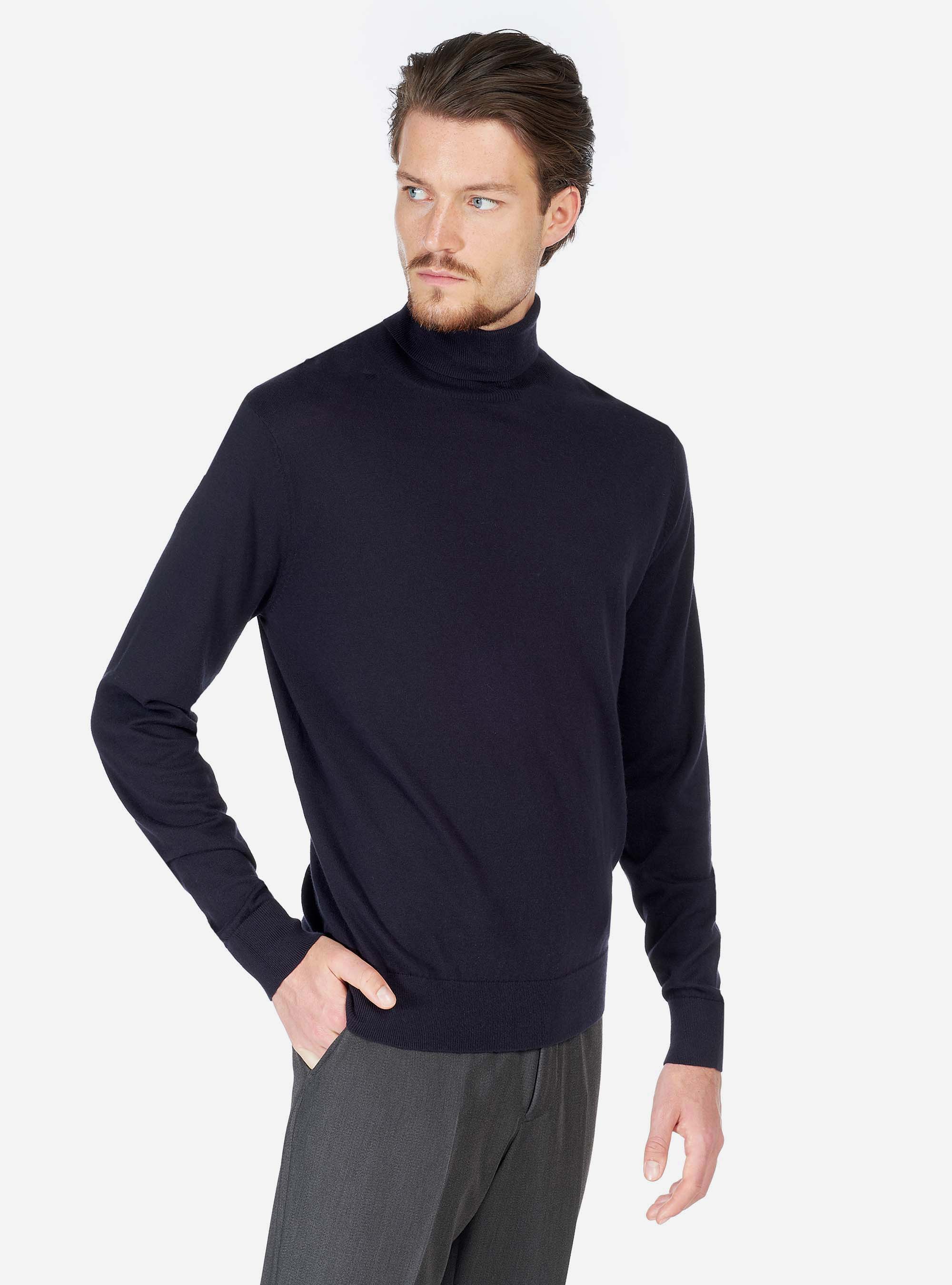 HIGH NECK SWEATER IN COTTON CASHMERE, BLUE NAVY