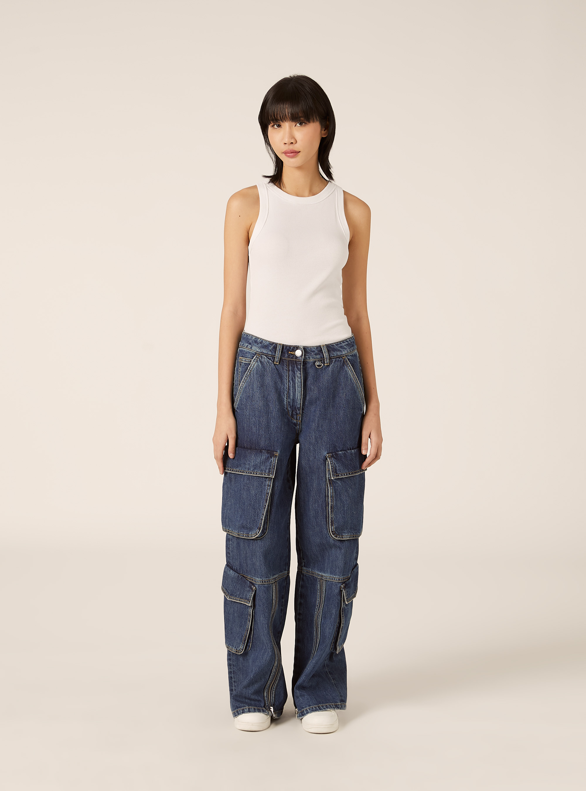 Jeans cargo con zip su gamba, D003 MEDIUM BLUE