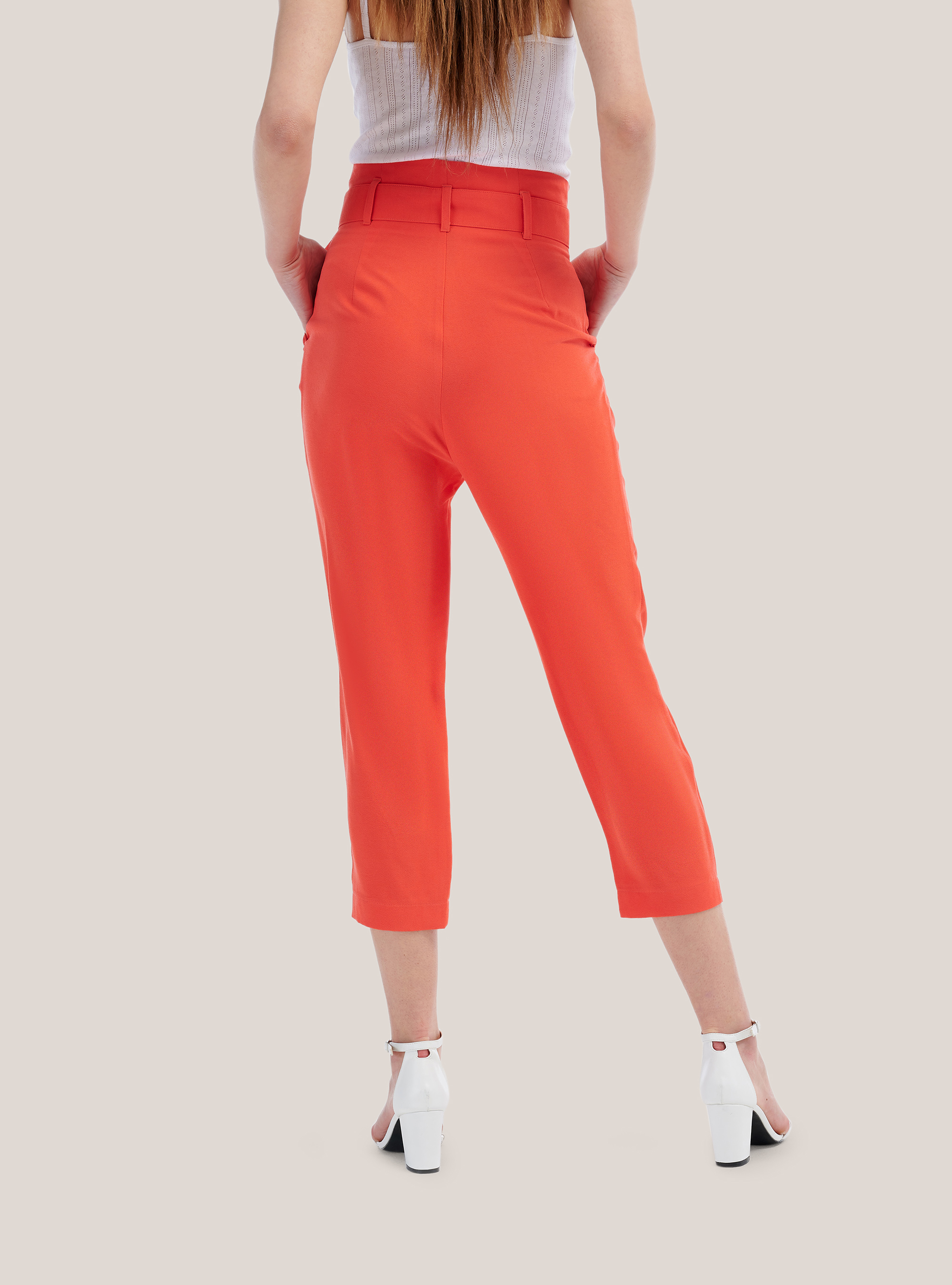 Pantalon paperbag avec ceinture coupe confort, C3382 DARK ORANGE