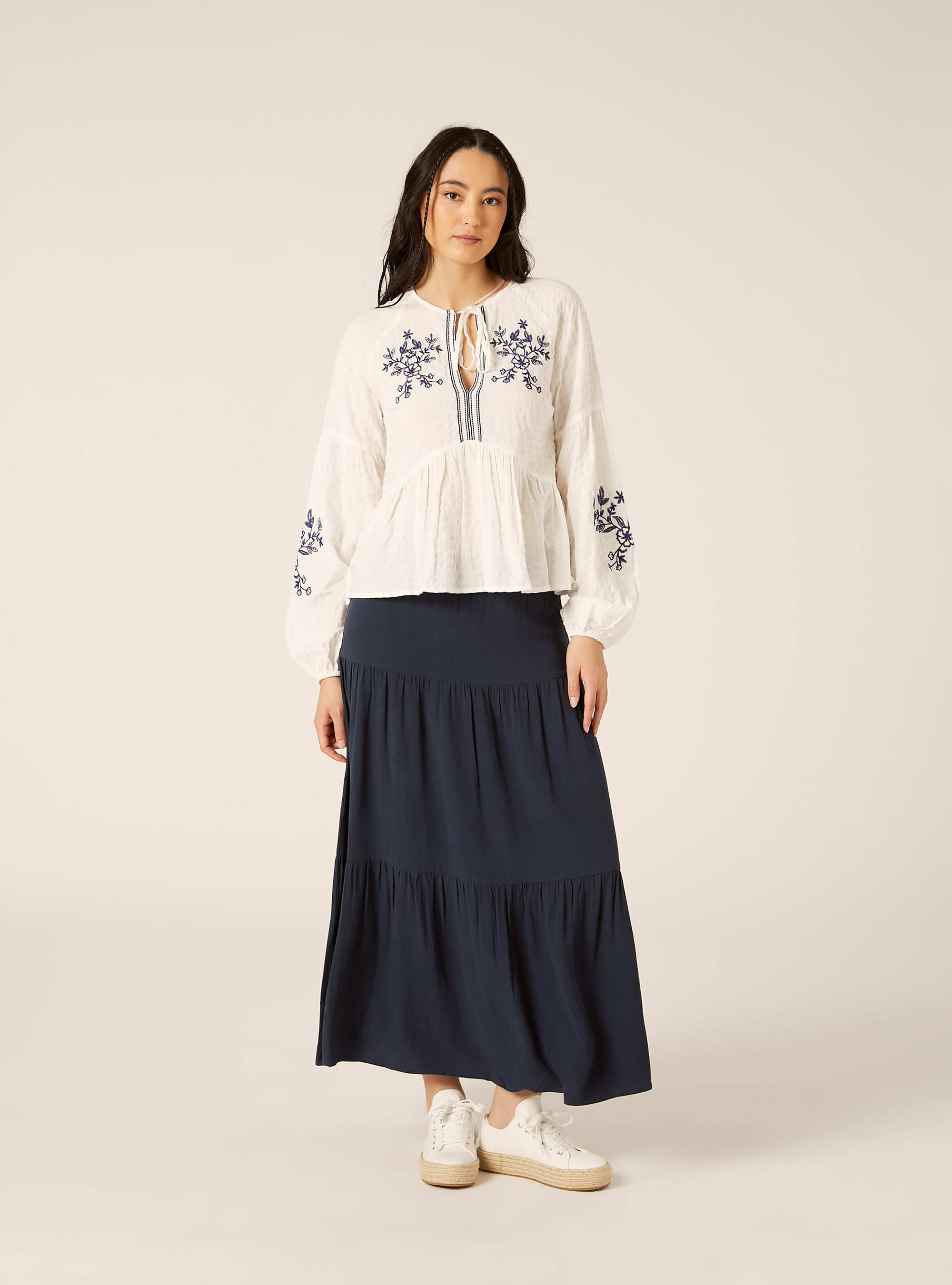 Blusa fluida con bordados, WH2 WHITE