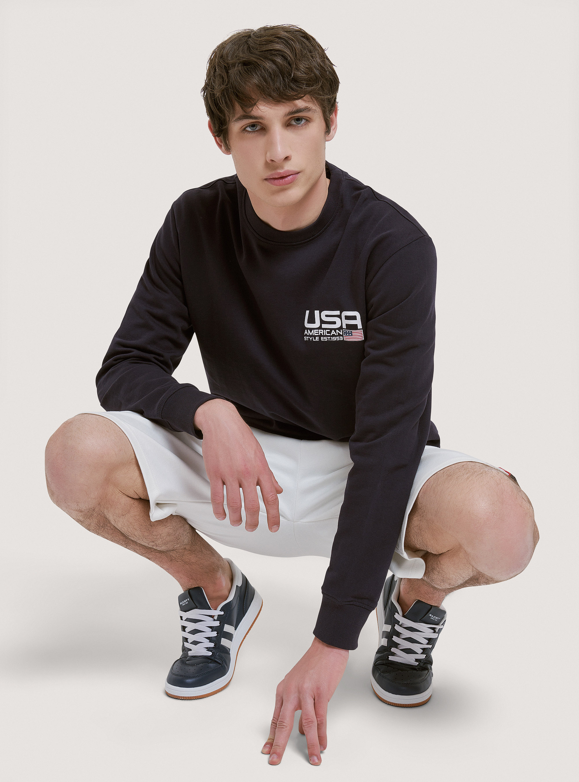 Baumwollsweatshirt mit Rundhalsausschnitt und Druck, C210 BLUE NAVY