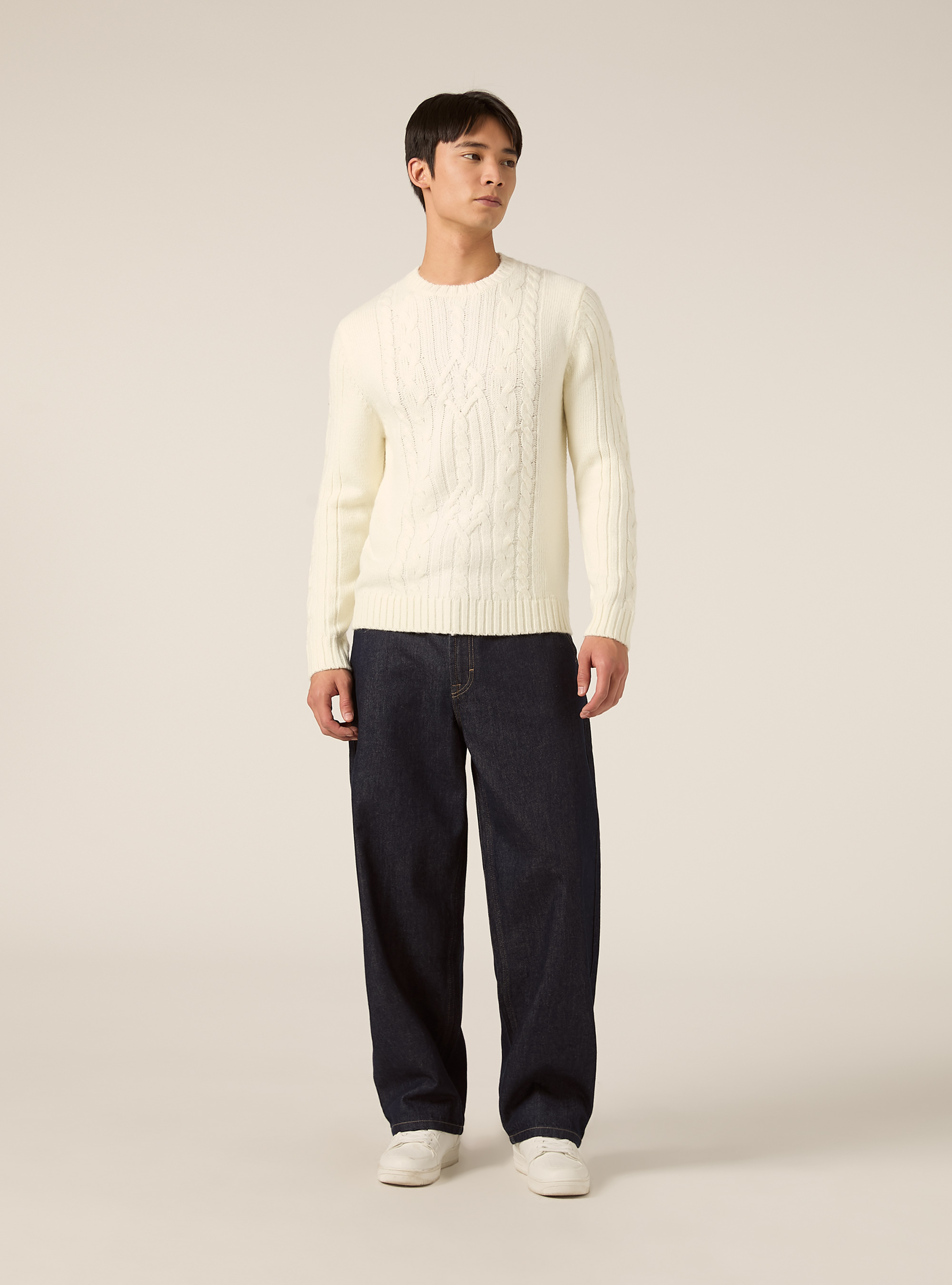 Crew neck jumper with cable knit, WH1 OFF WHITE