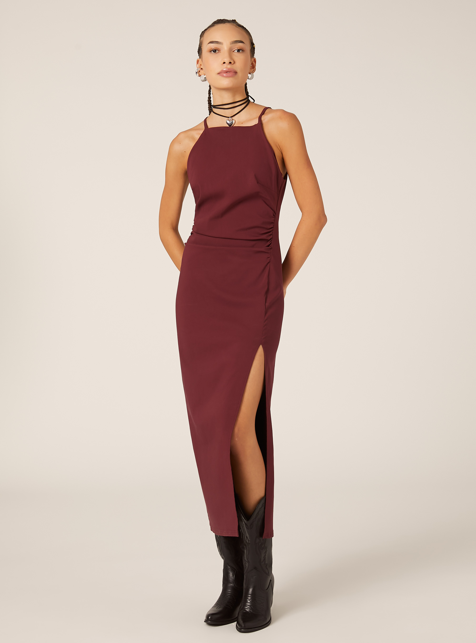 Vestito midi con collo halter, BO2 BORDEAUX MEDIUM