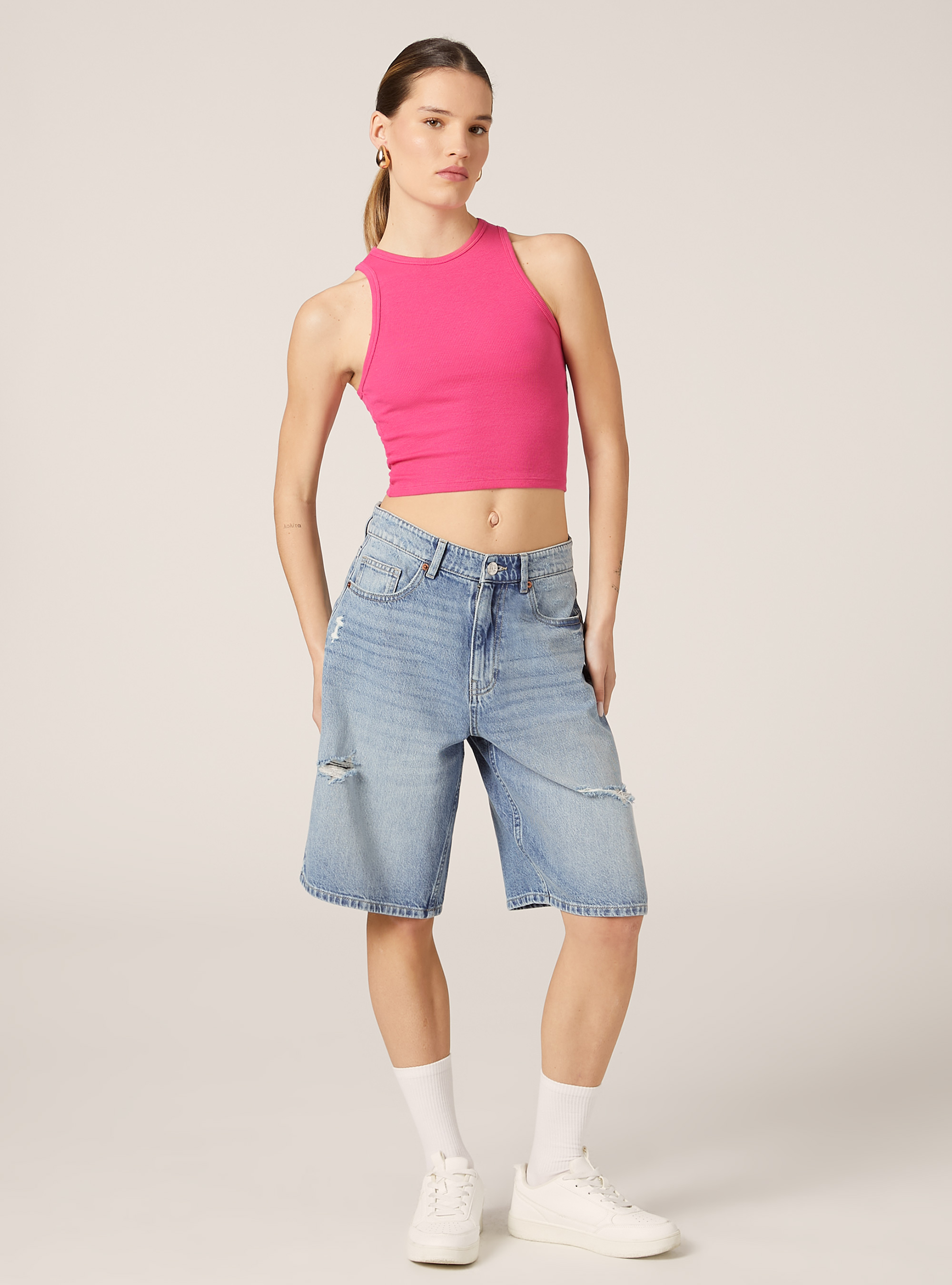 Cropped tank top in rib, FX2 FUXIA MEDIUM