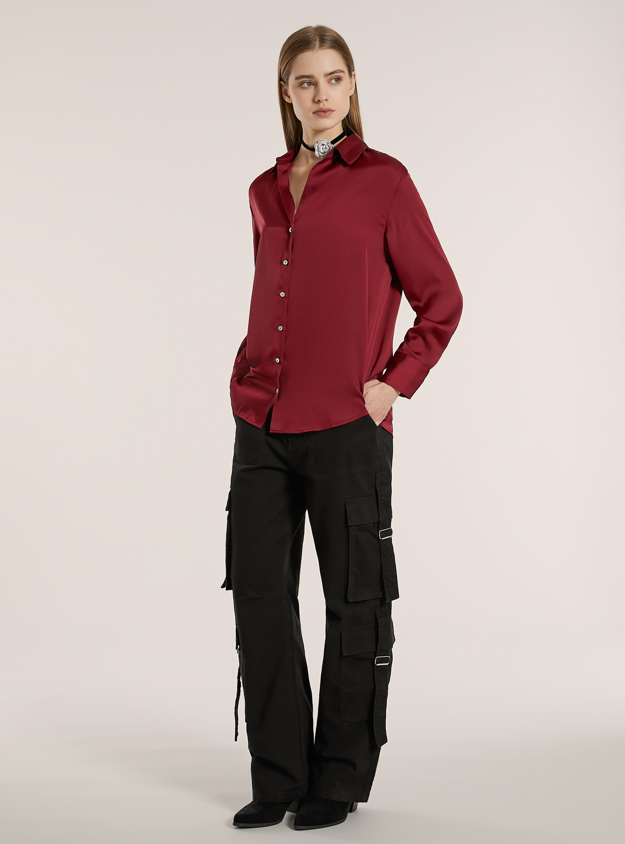 Chemise unie en satin, BO2 BORDEAUX MEDIUM