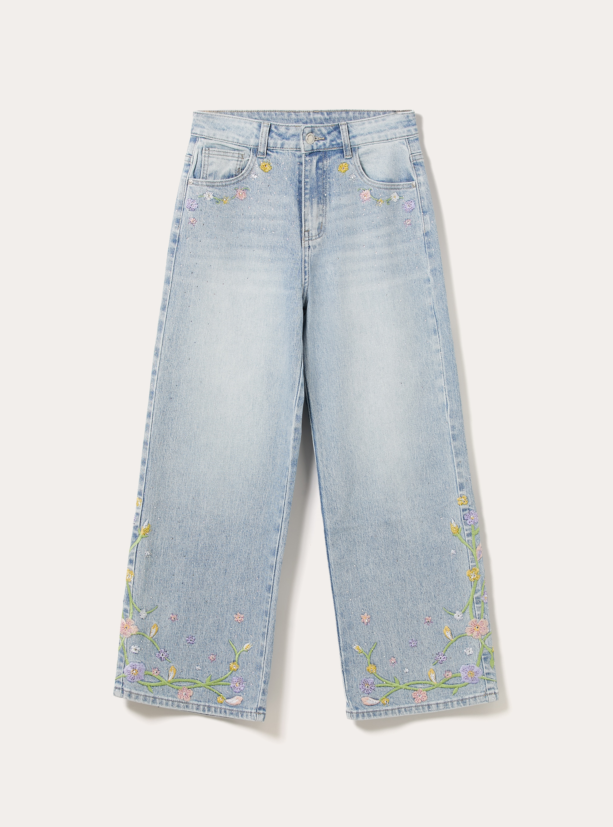 Jeans straight fit corto con ricami, D006 AZURE