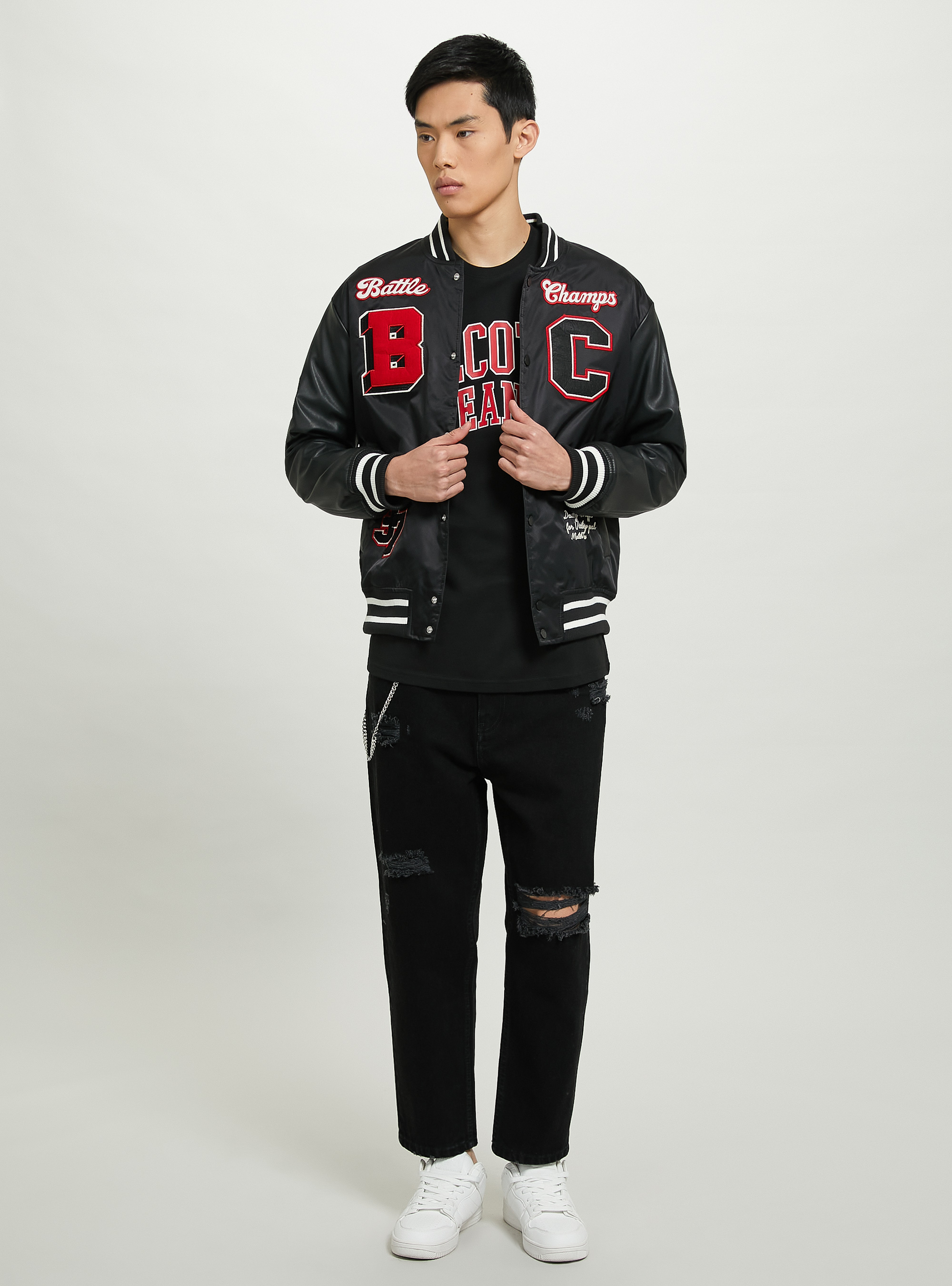Varsity bomber jacket with patch, BK1 BLACK
